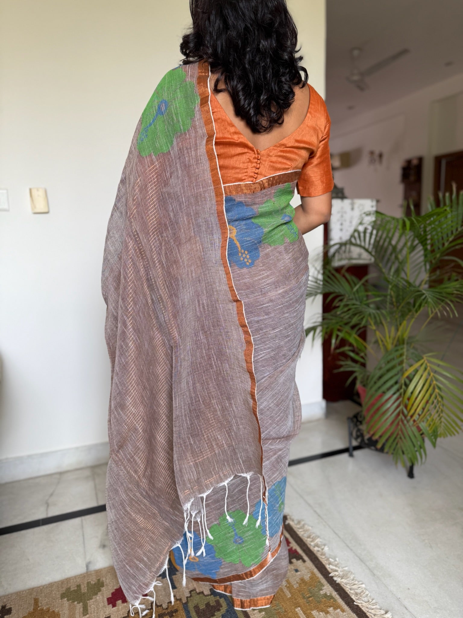 Fawn With Multicolor Flower Weaving Linen Saree