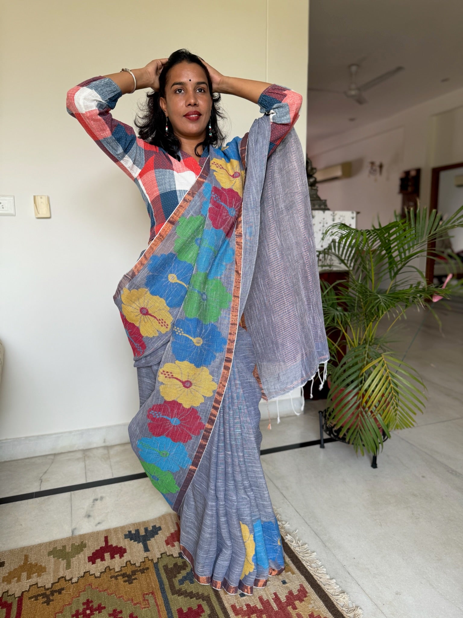 Grey With Multicolor Flower Weaving Linen Saree