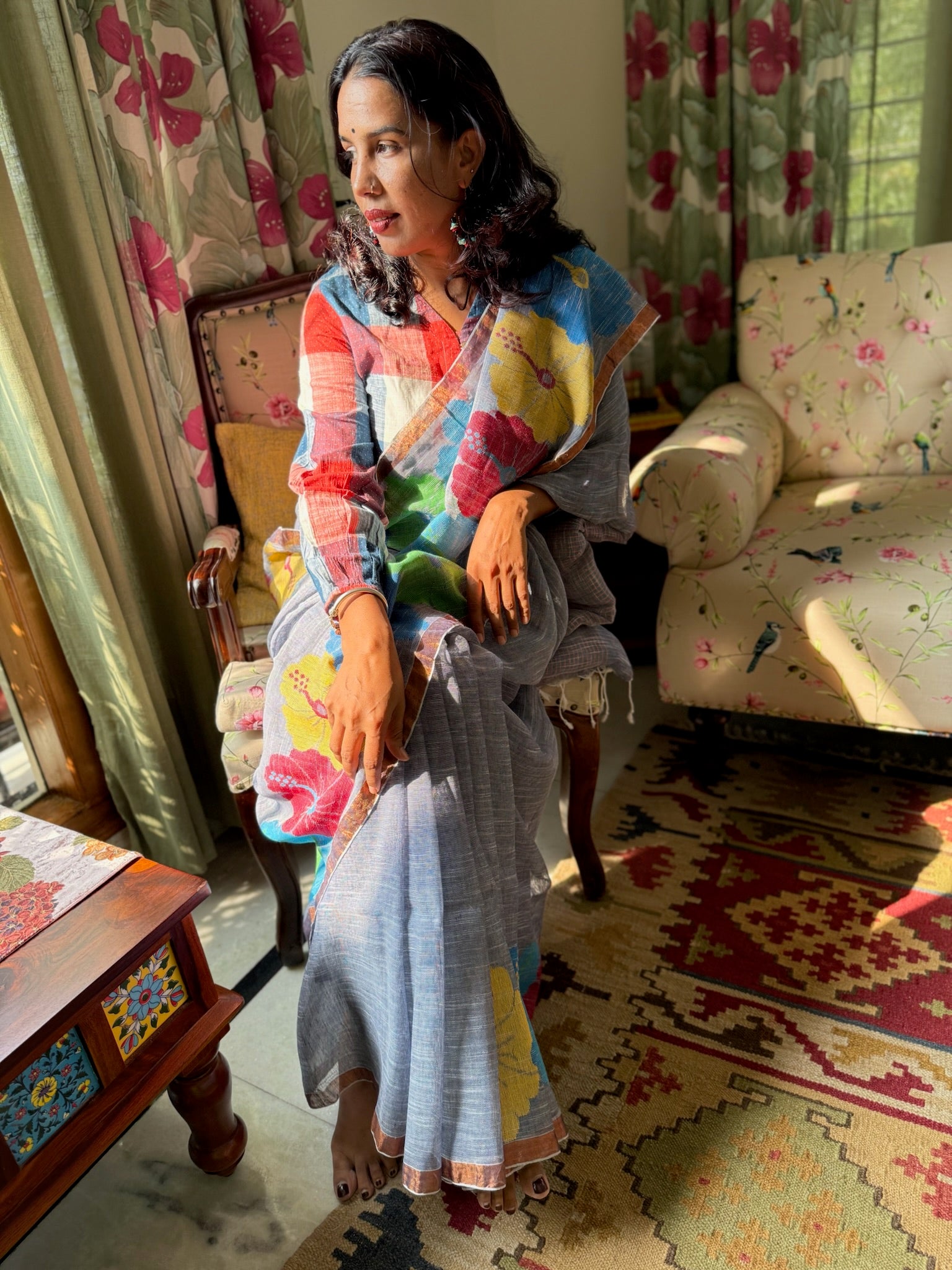 Grey With Multicolor Flower Weaving Linen Saree