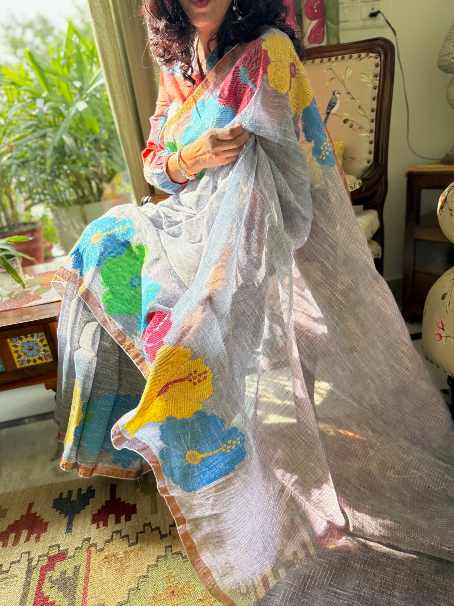 Grey With Multicolor Flower Weaving Linen Saree