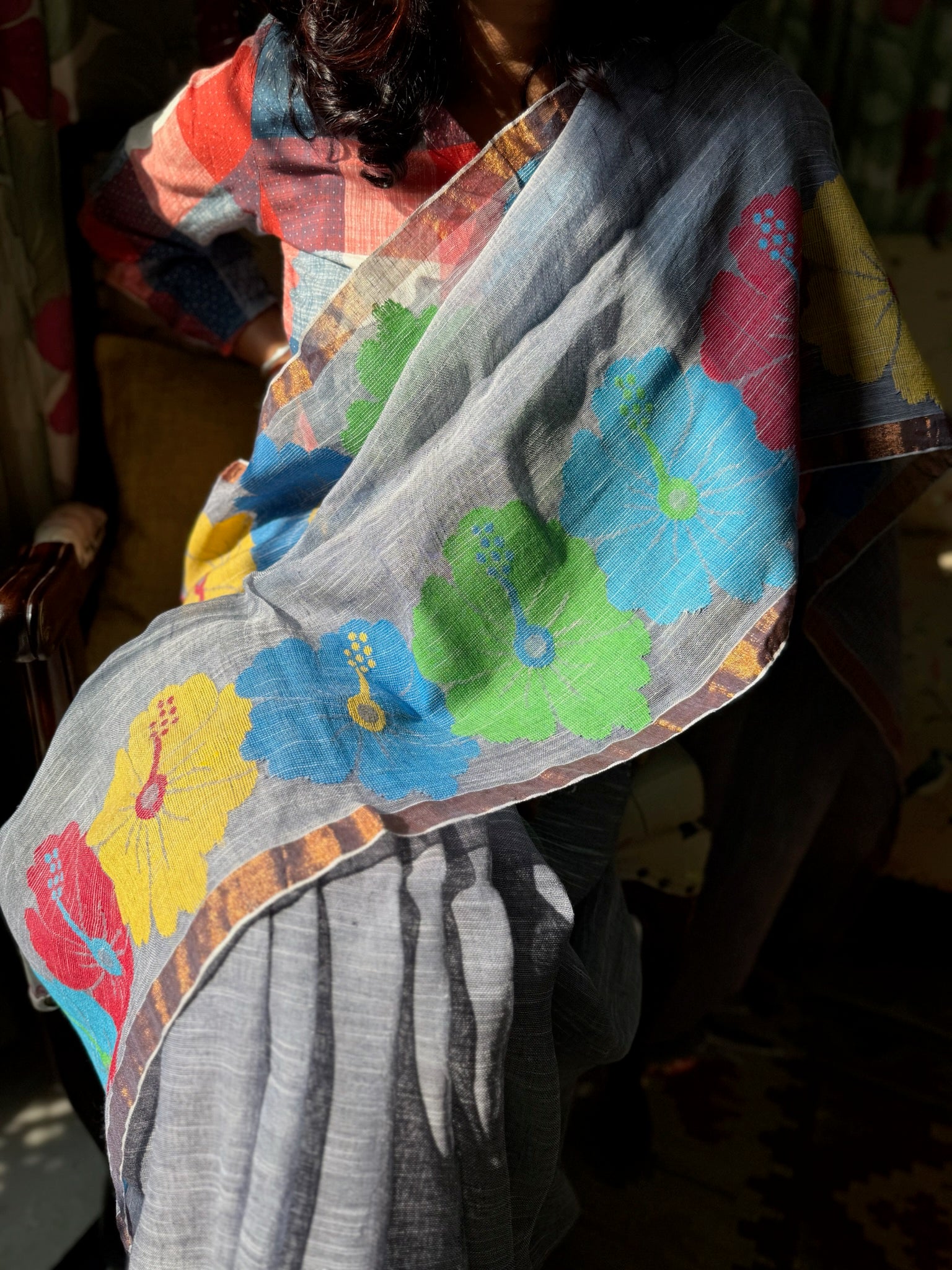 Grey With Multicolor Flower Weaving Linen Saree