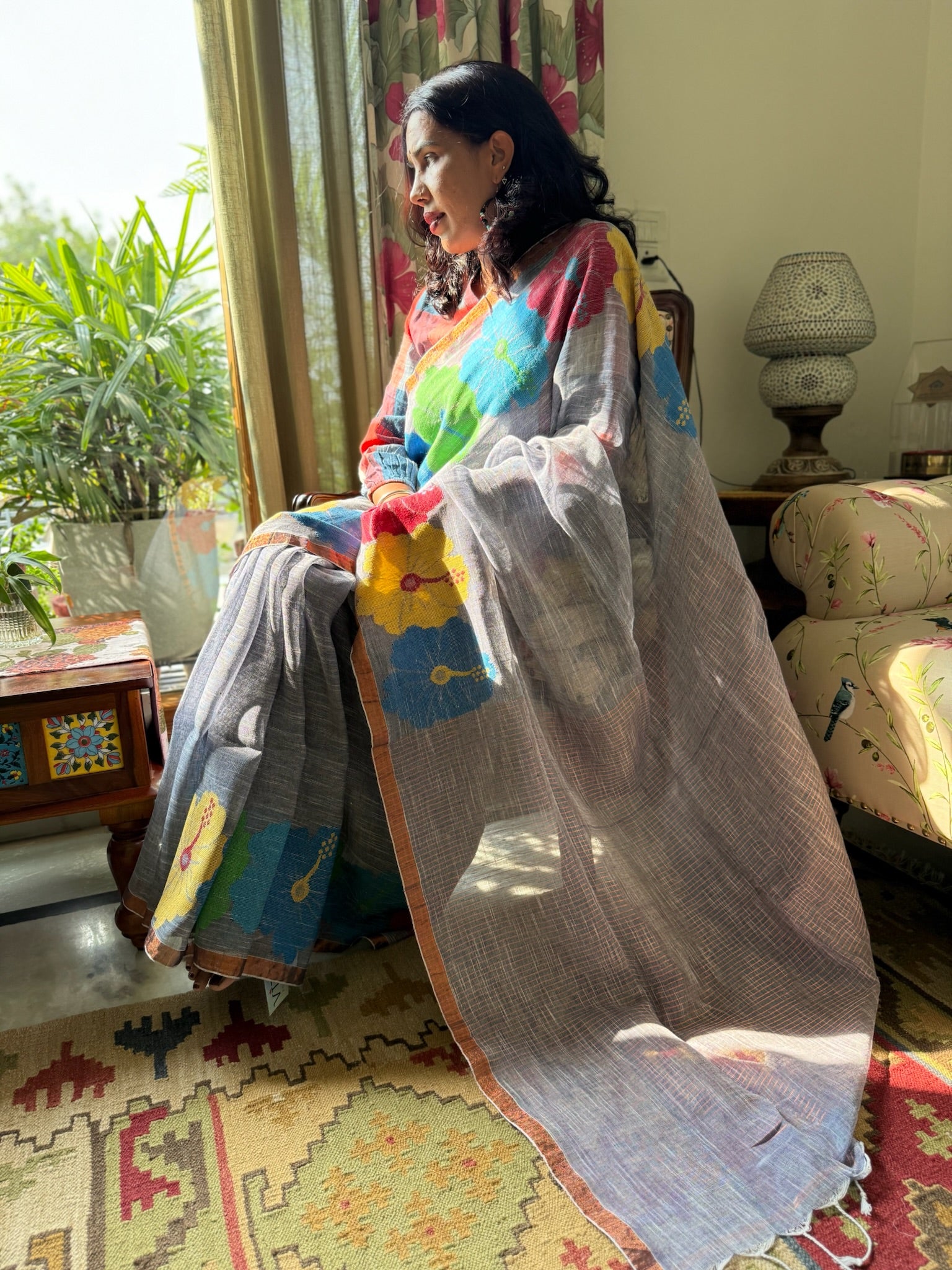 Grey With Multicolor Flower Weaving Linen Saree