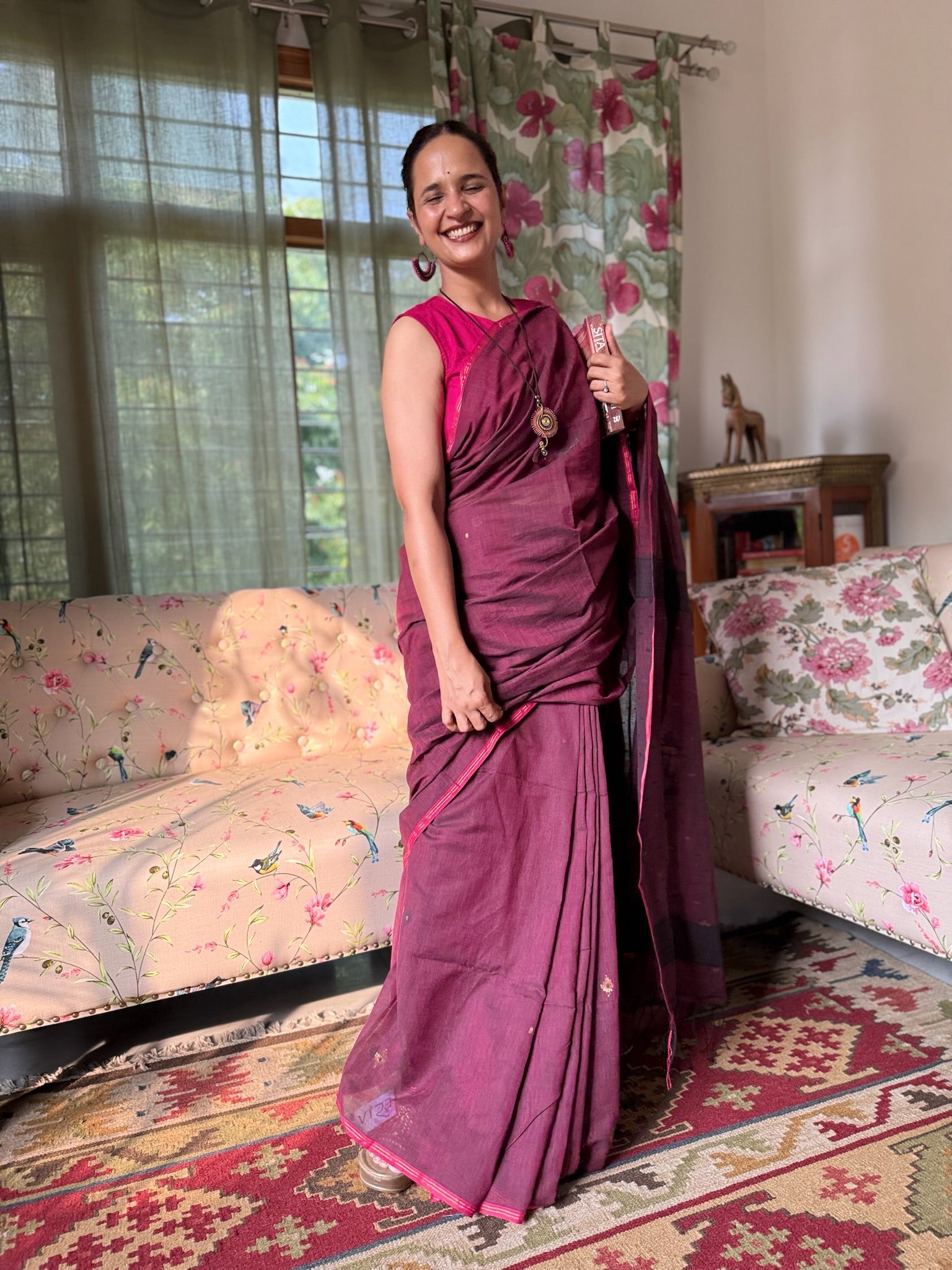 Plum Royale With Pink Edge Pure Cotton Jamdani Saree