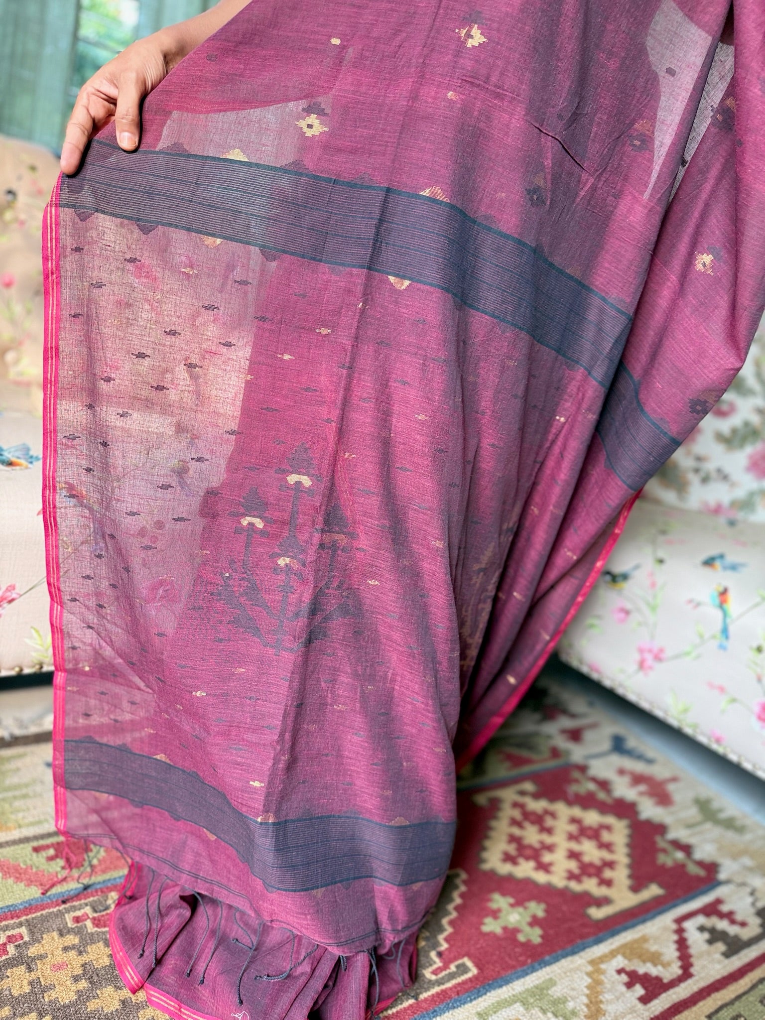 Plum Royale With Pink Edge Pure Cotton Jamdani Saree