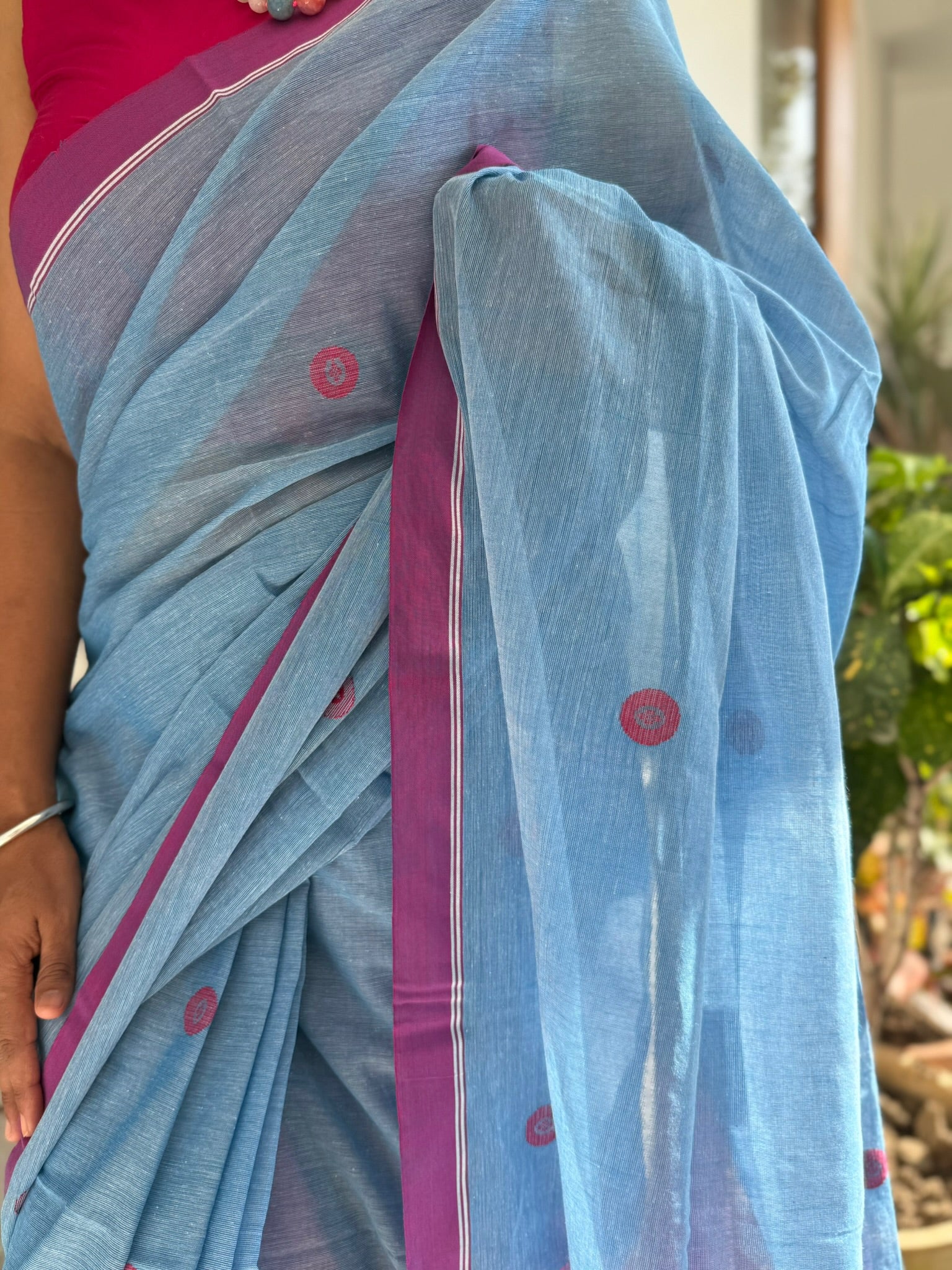 Sky Bloom With Magenta Glow Pure Cotton Jamdani Saree