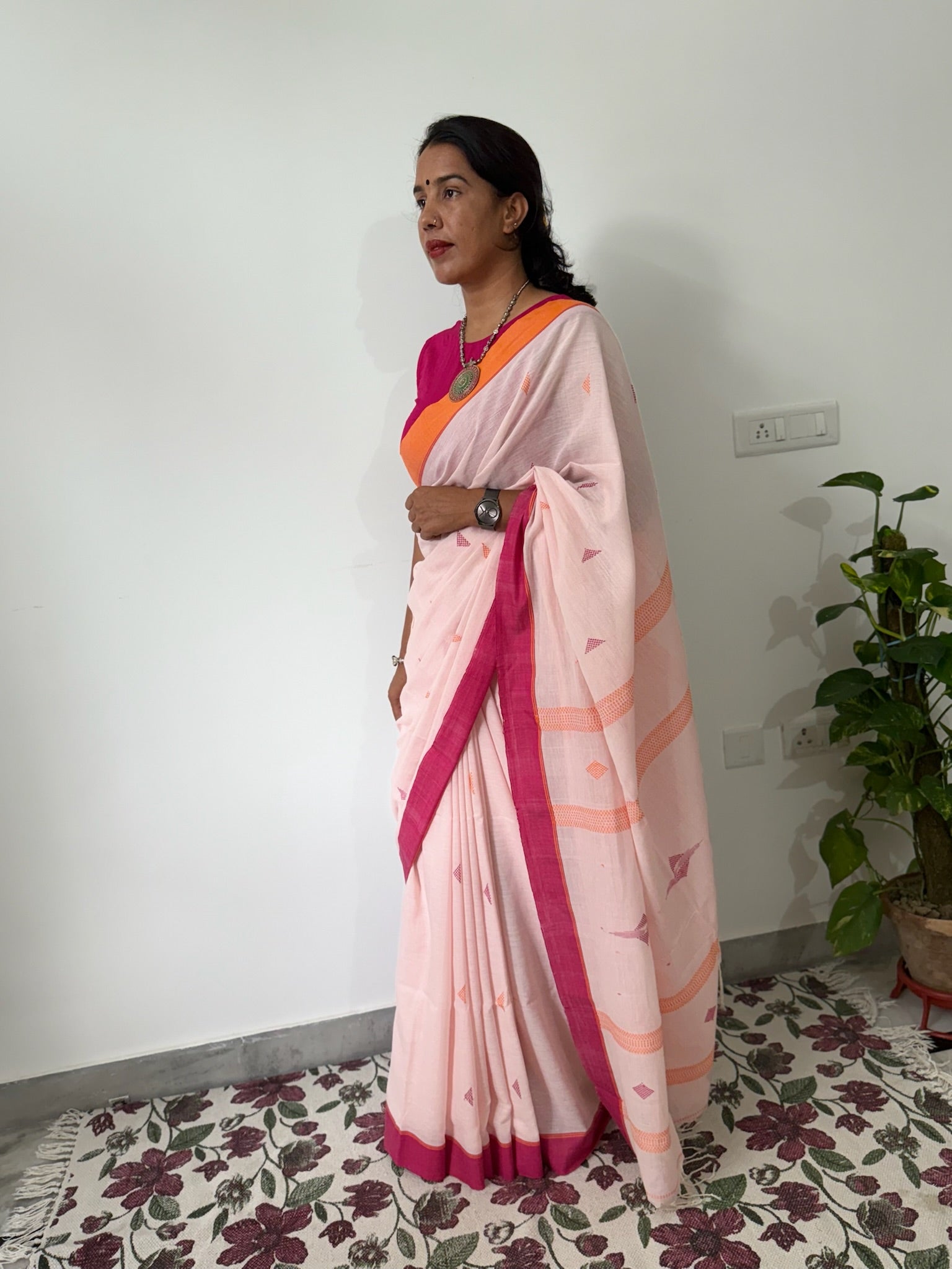Blush Sunrise With Magenta Horizon Pure Cotton Jamdani Saree