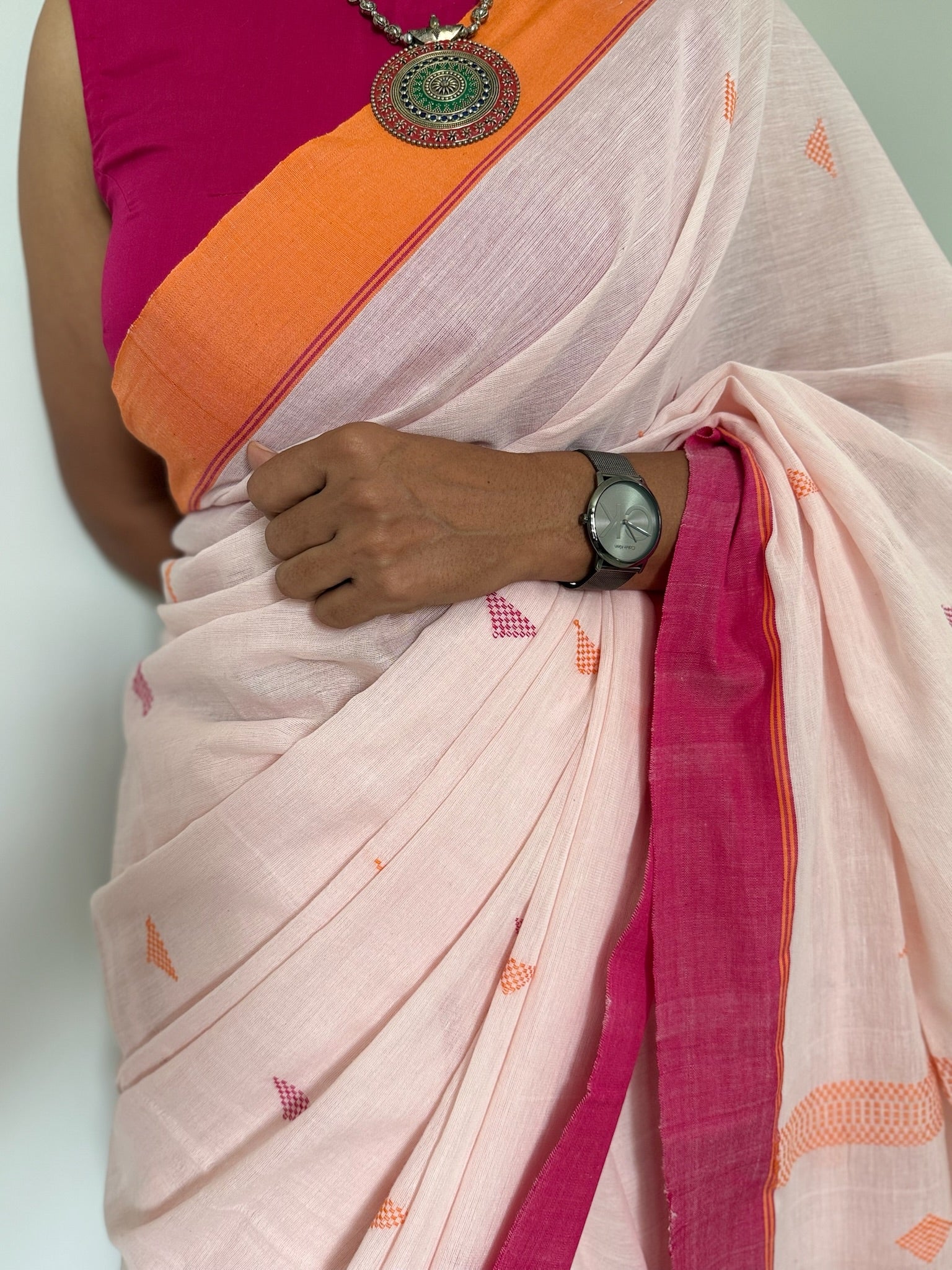 Blush Sunrise With Magenta Horizon Pure Cotton Jamdani Saree