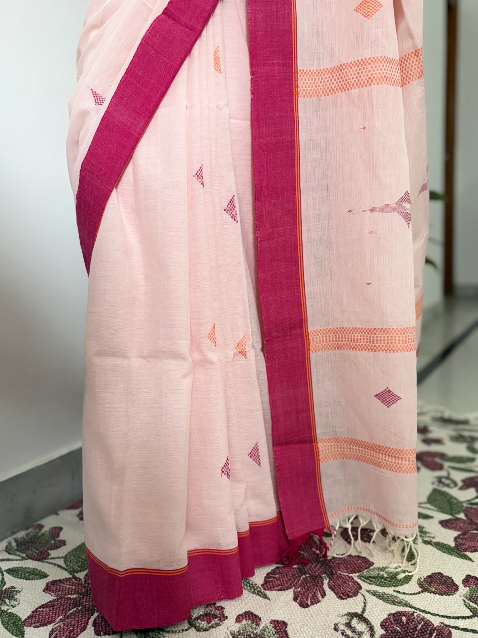 Blush Sunrise With Magenta Horizon Pure Cotton Jamdani Saree