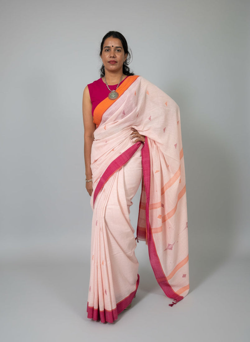 Blush Sunrise With Magenta Horizon Pure Cotton Jamdani Saree