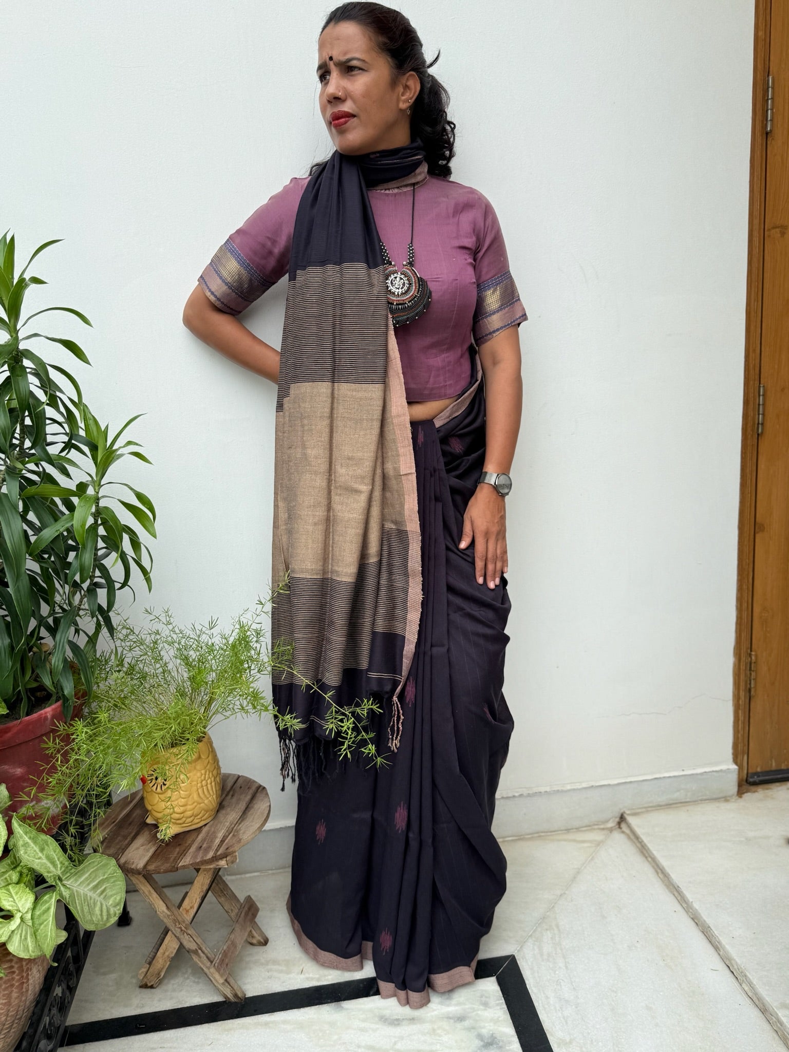Elegant Black & Beige Cotton Saree With Handwoven Motif