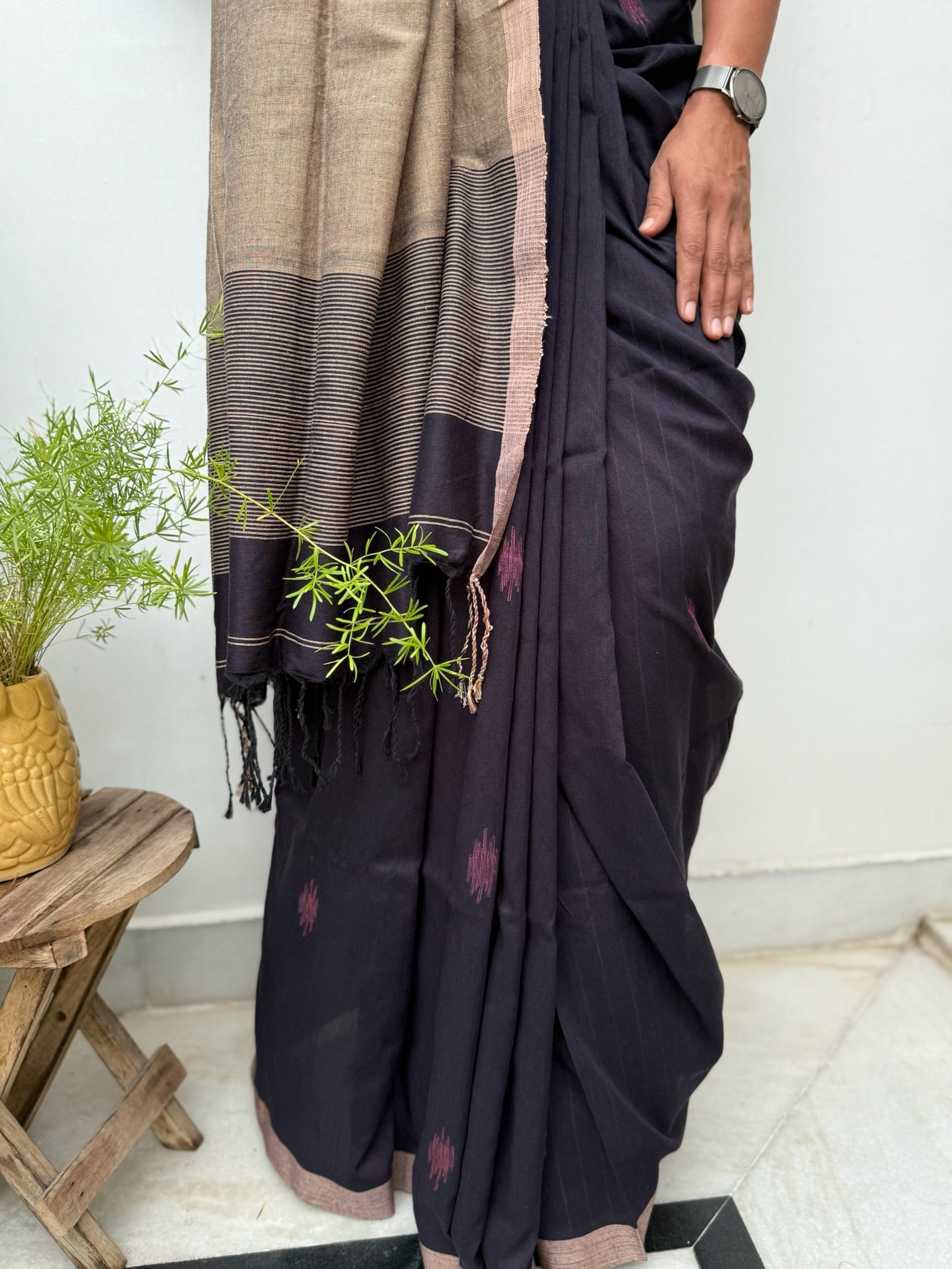 Elegant Black & Beige Cotton Saree With Handwoven Motif