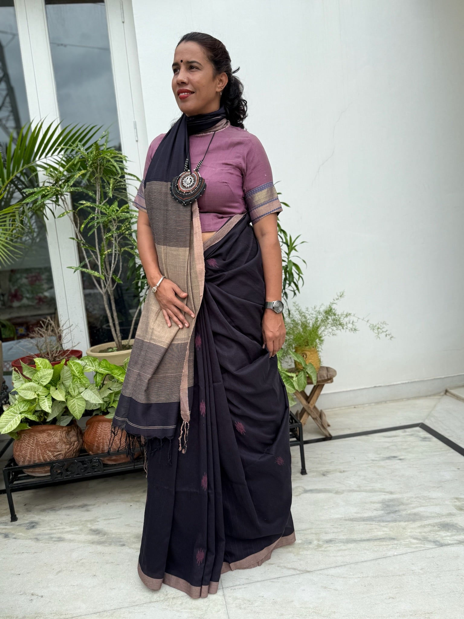 Elegant Black & Beige Cotton Saree With Handwoven Motif