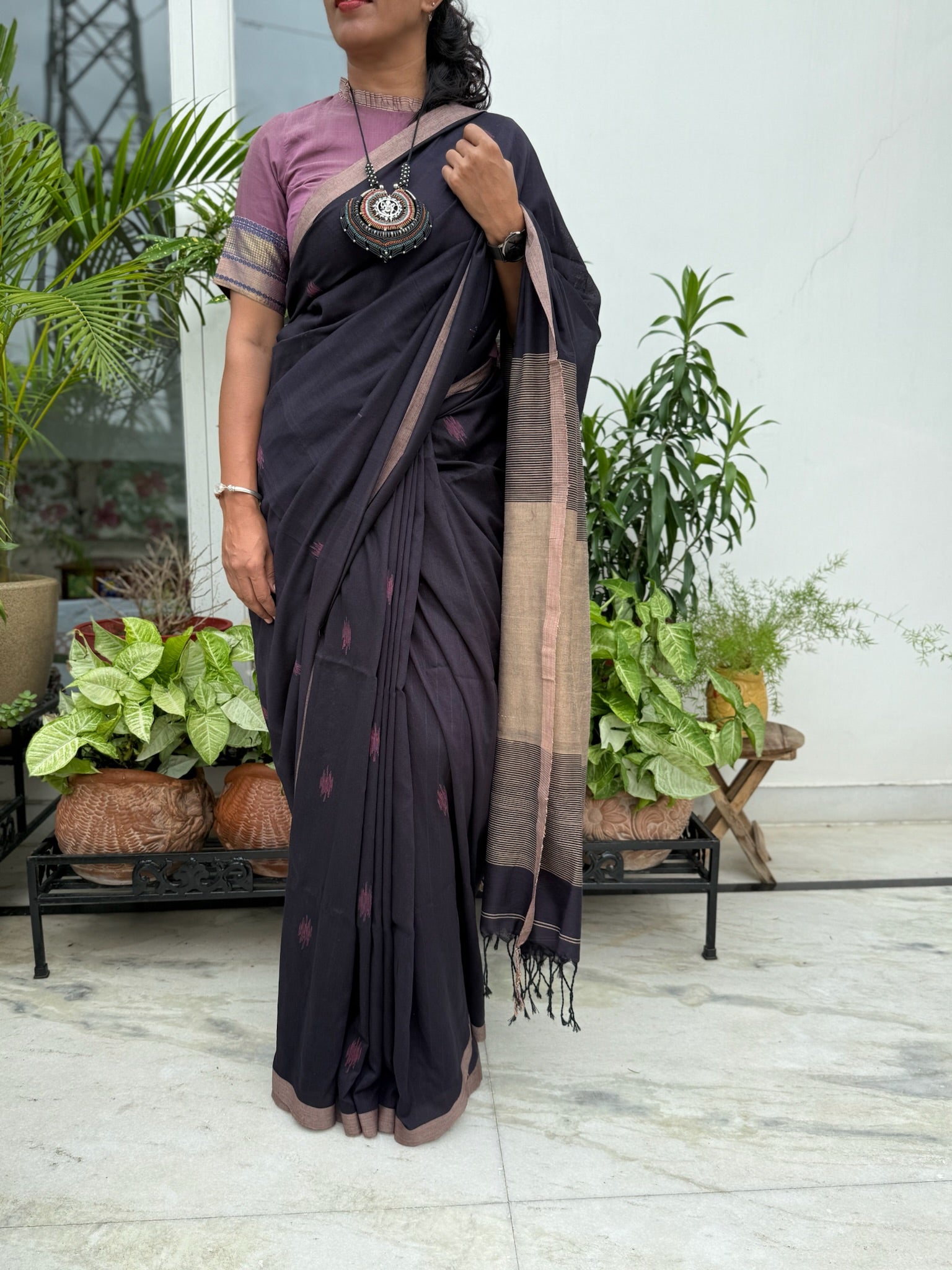 Elegant Black & Beige Cotton Saree With Handwoven Motif