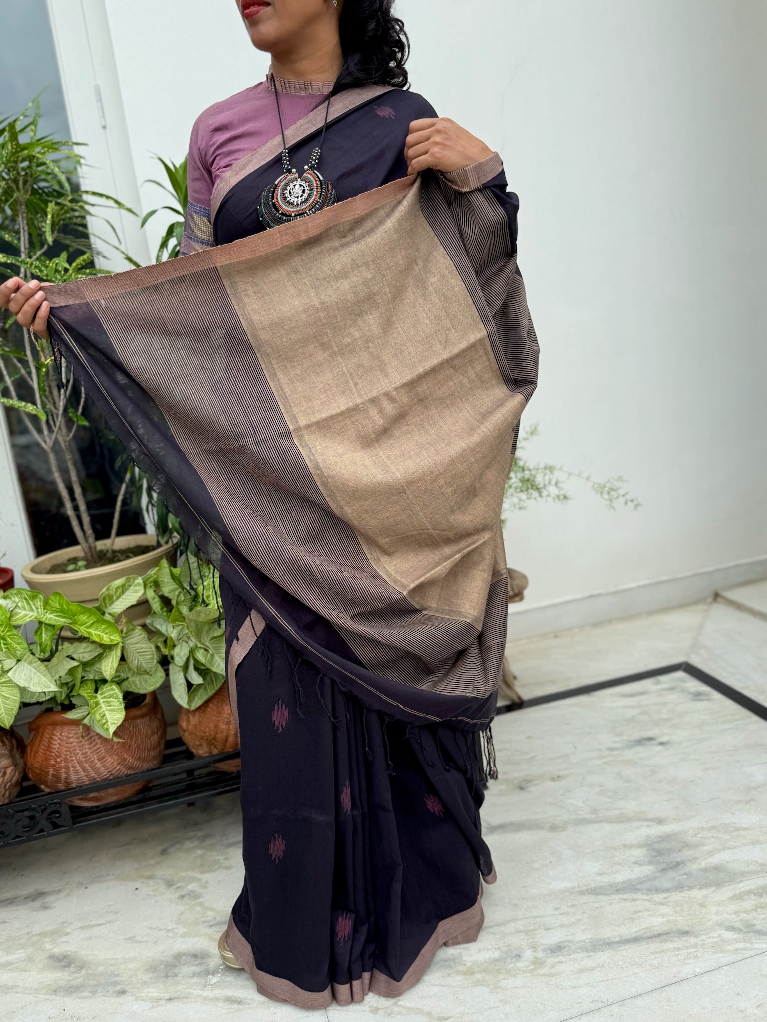 Elegant Black & Beige Cotton Saree With Handwoven Motif