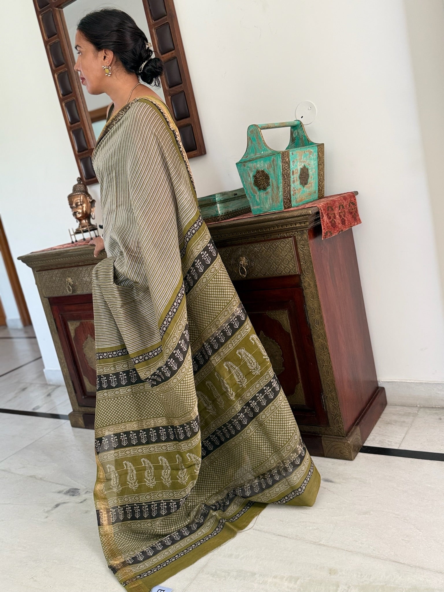 Moss Green Stripe Block Print Cotton Silk Maheshwari Saree