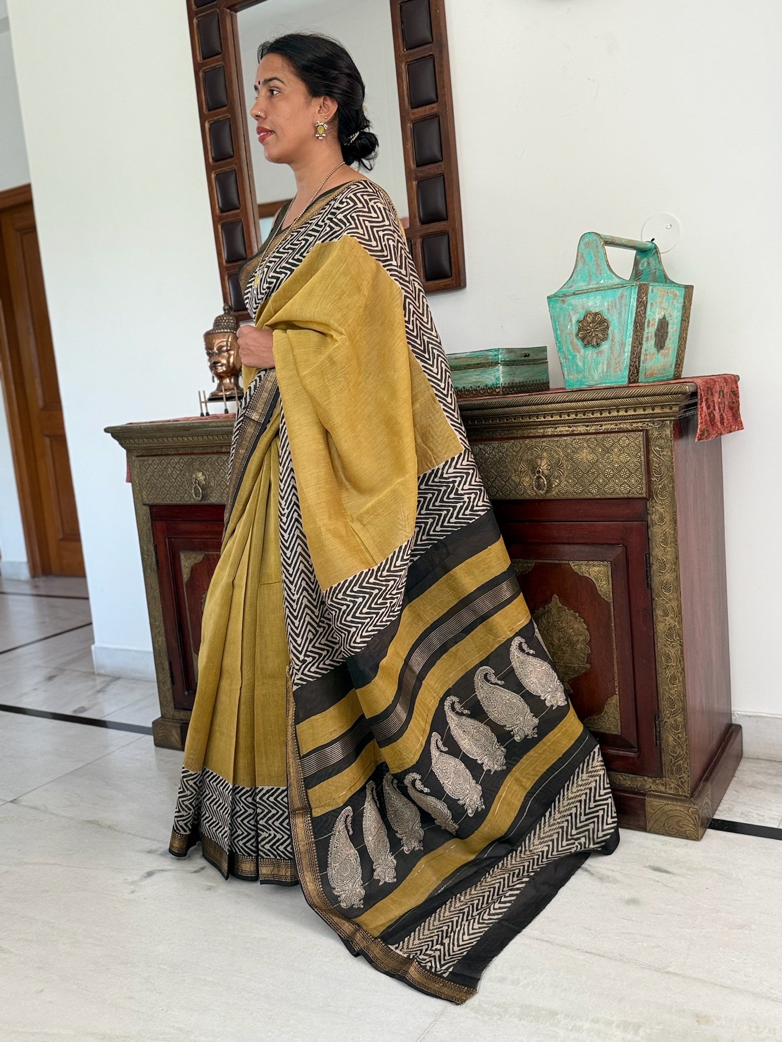 Mustard Yellow Block Print Cotton Silk Maheshwari Saree