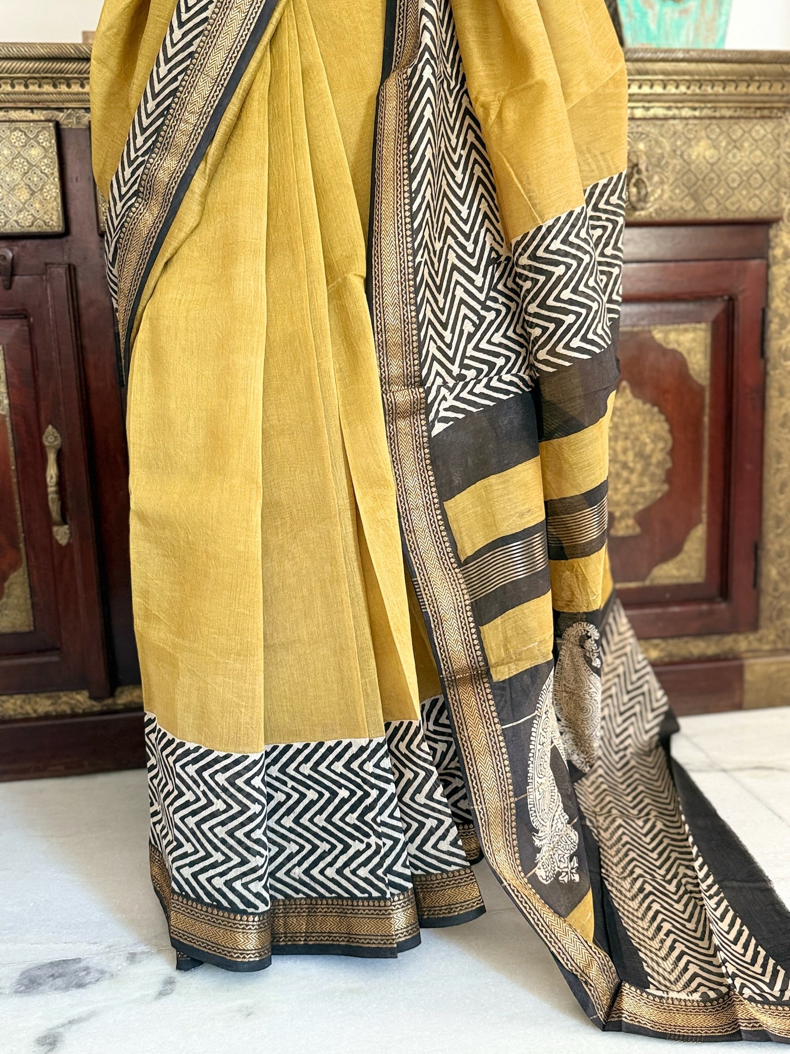 Mustard Yellow Block Print Cotton Silk Maheshwari Saree