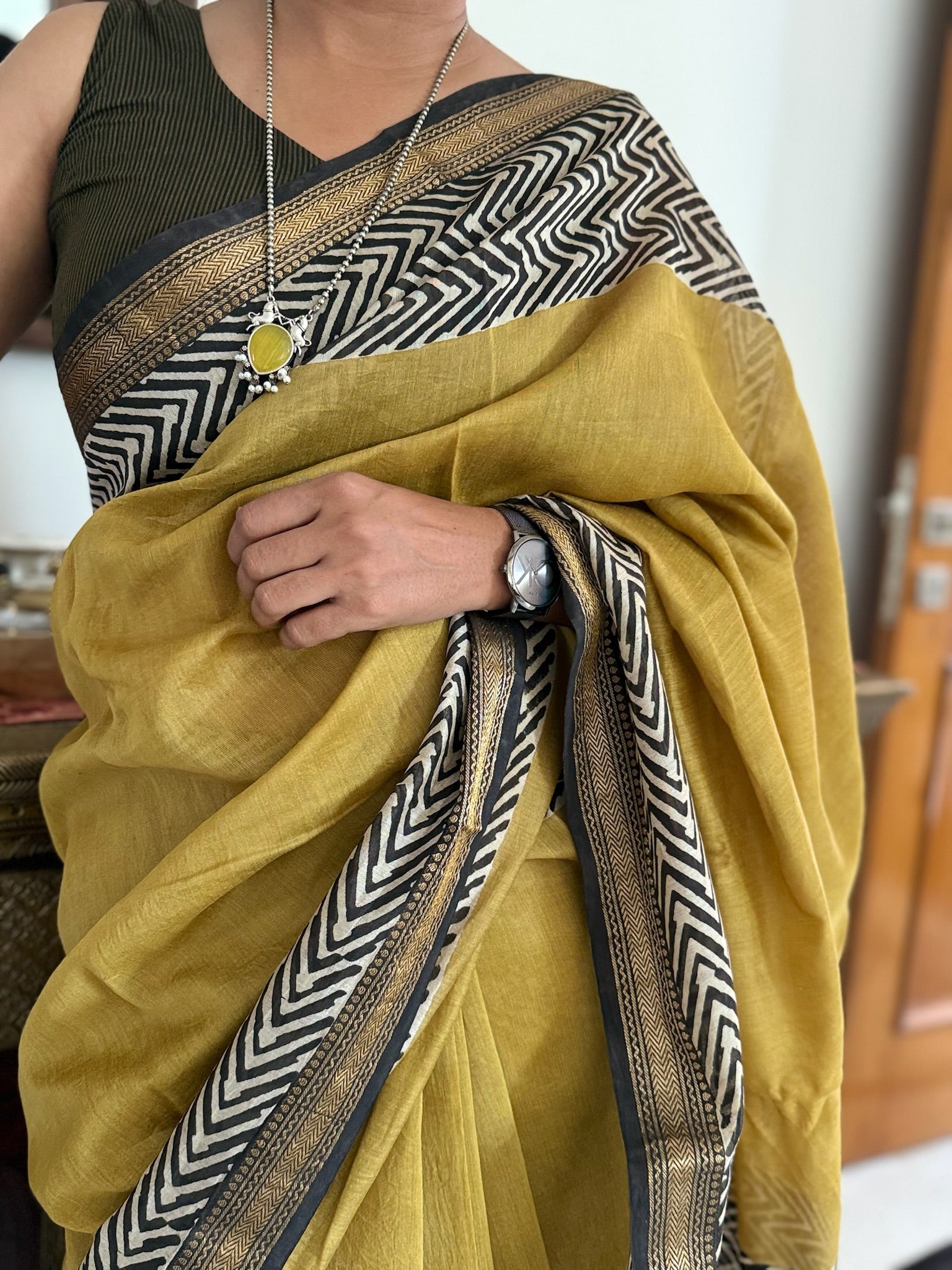 Mustard Yellow Block Print Cotton Silk Maheshwari Saree