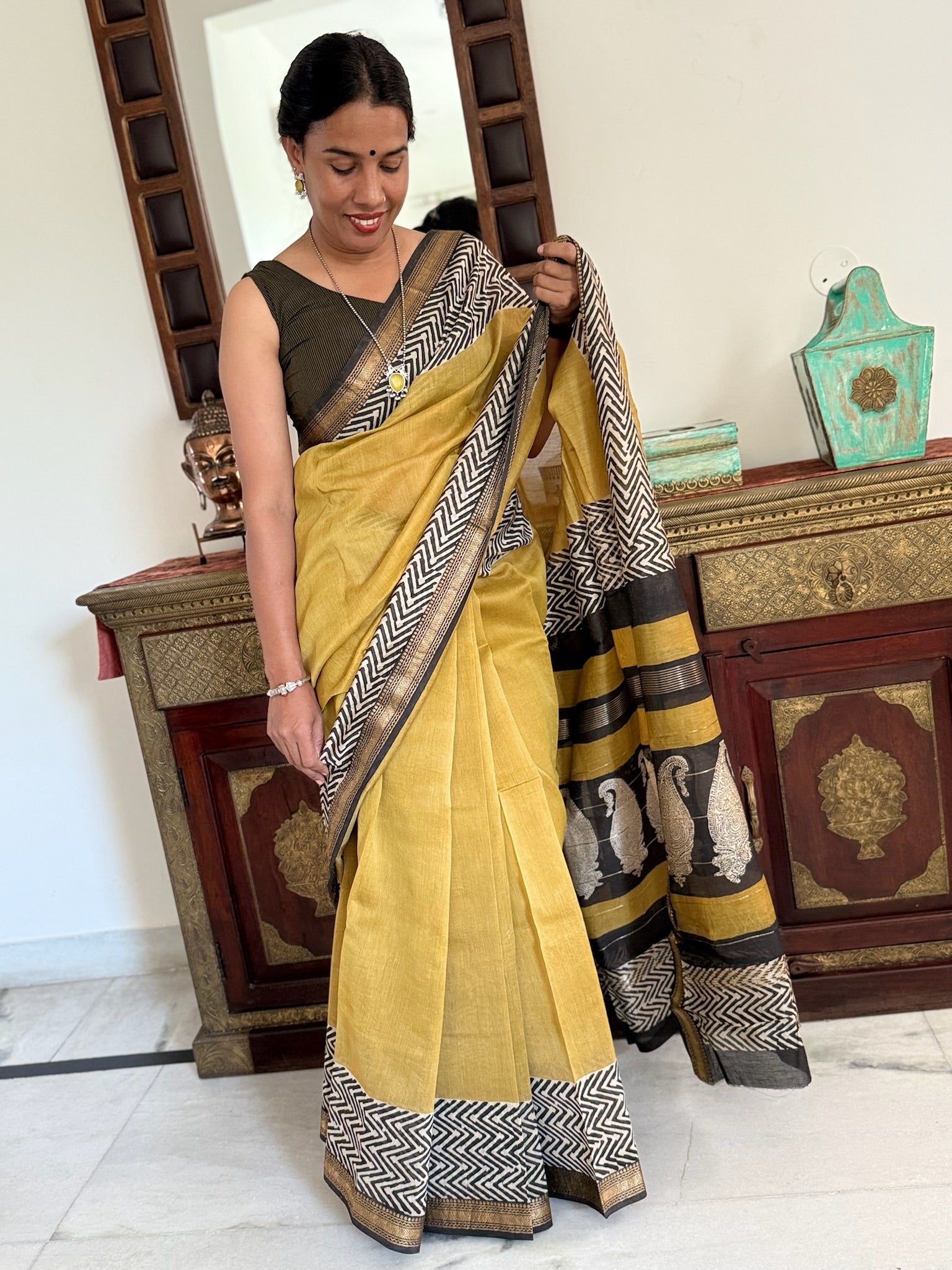 Mustard Yellow Block Print Cotton Silk Maheshwari Saree