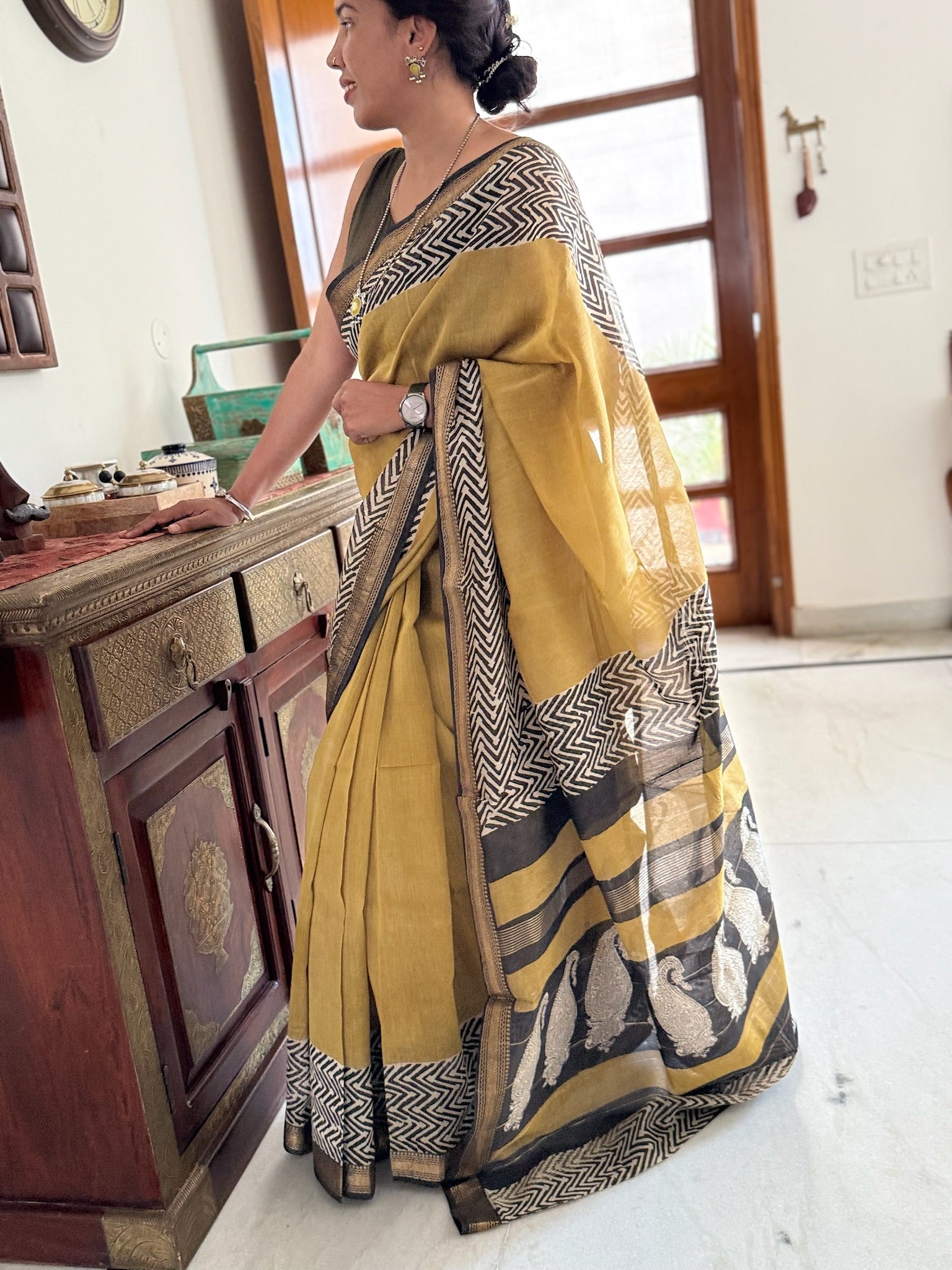 Mustard Yellow Block Print Cotton Silk Maheshwari Saree
