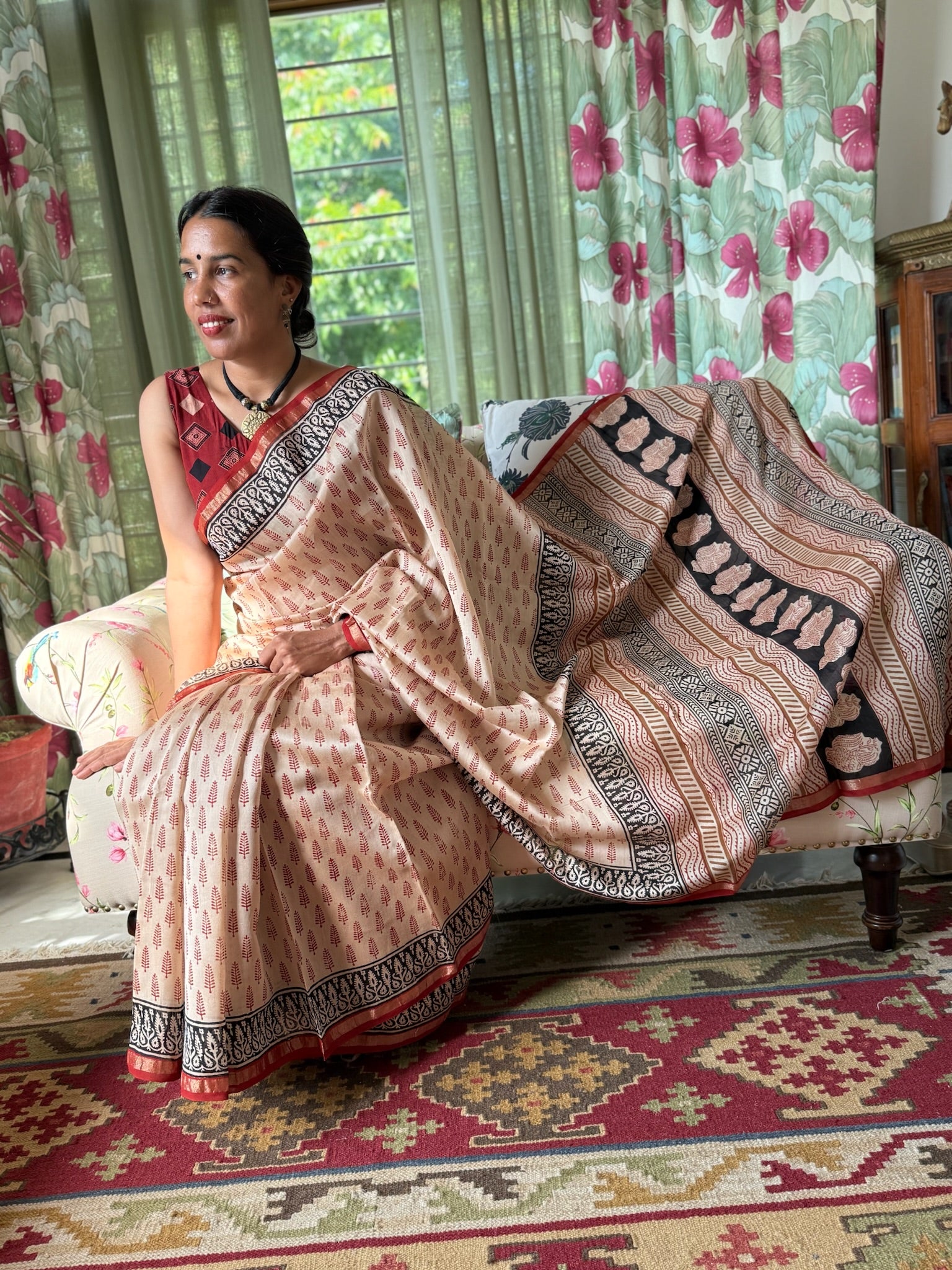 Blush Beige with Ethnic Maroon Cotton Silk Chanderi Saree