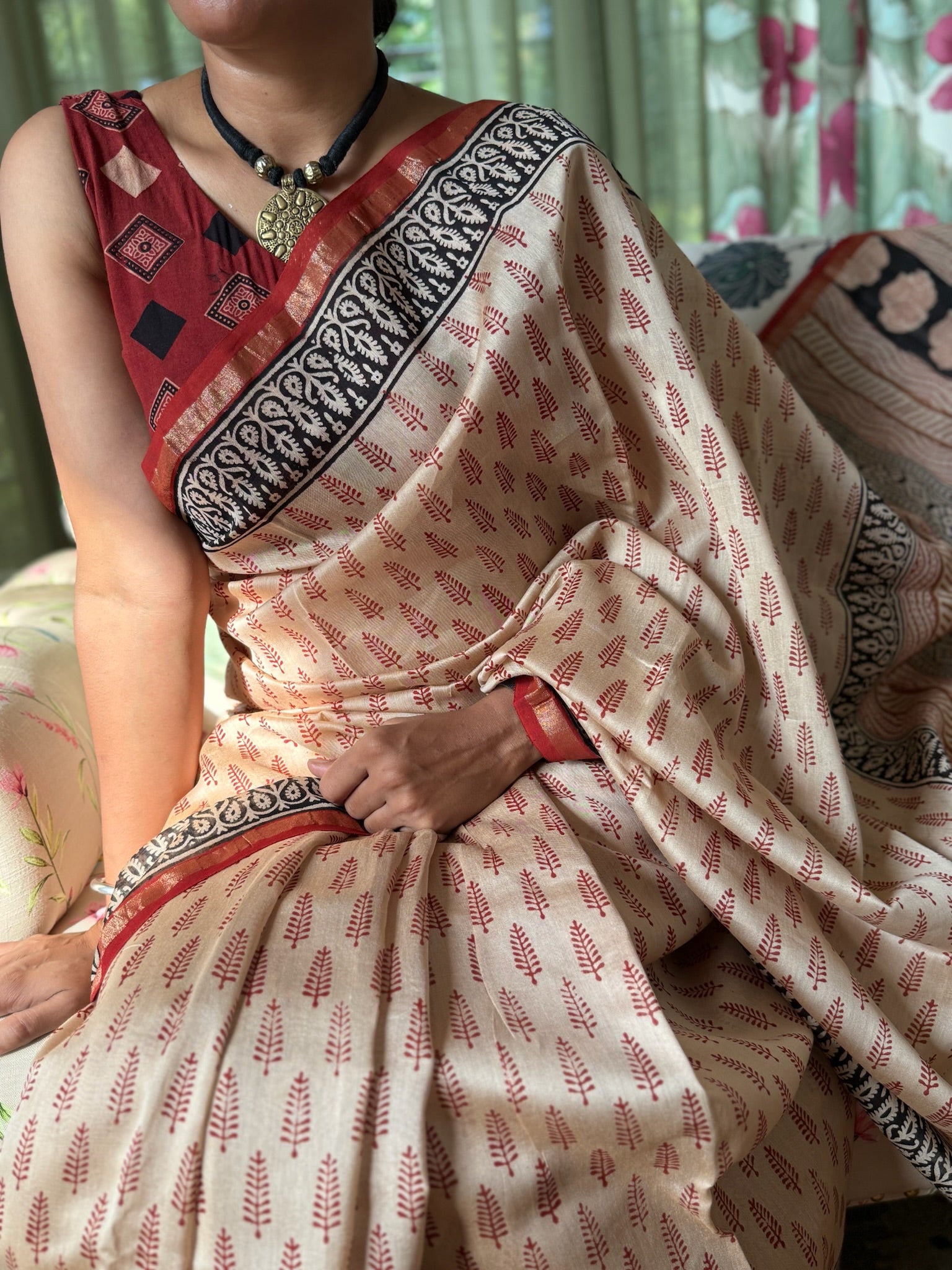 Blush Beige with Ethnic Maroon Cotton Silk Chanderi Saree