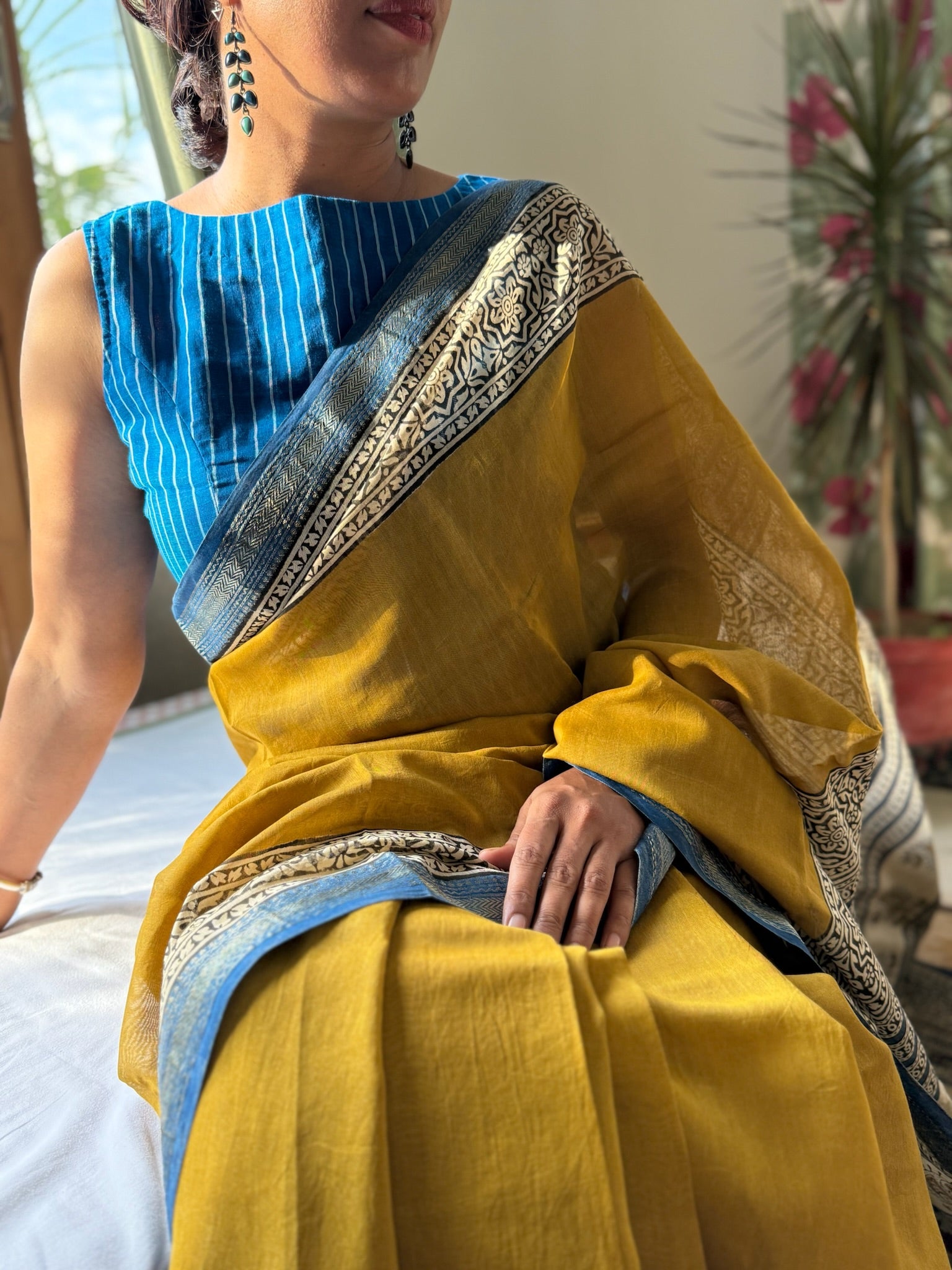 Golden Mustard with Indigo Block Print Cotton Silk Maheshwari Saree