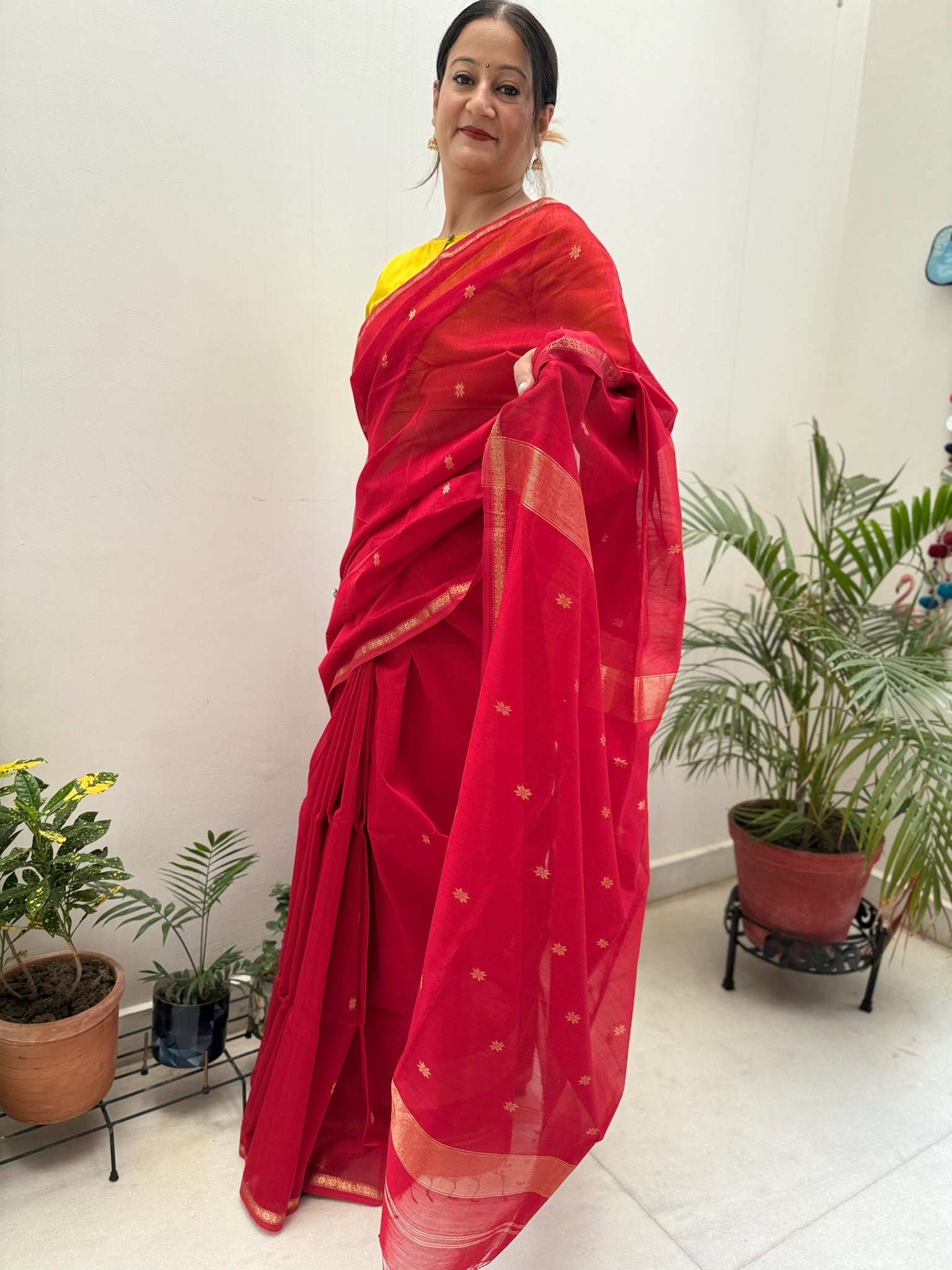 Bright Red With Golden Zari Border handcrafted Cotton Silk Maheshwari Saree