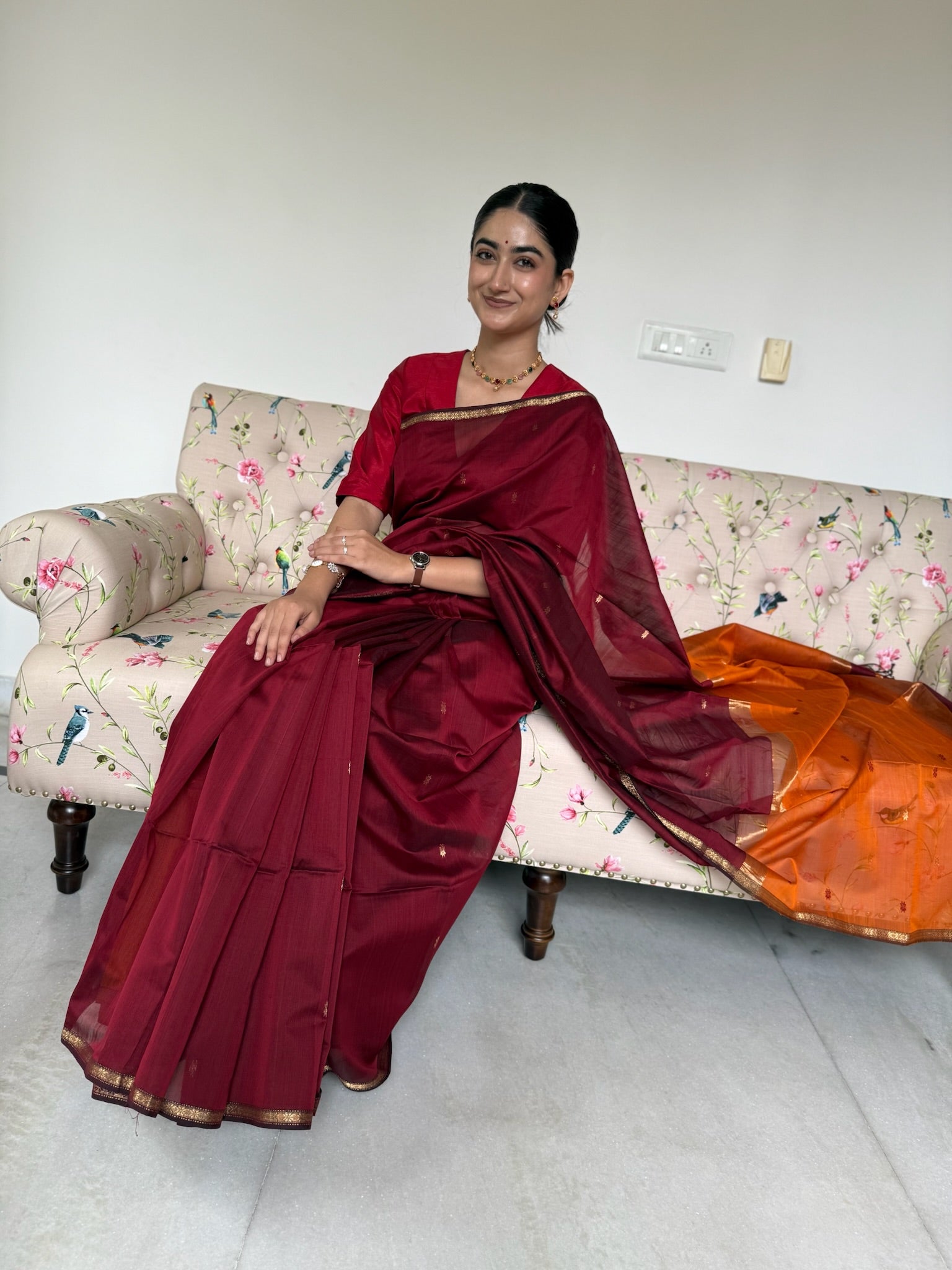 Classic Maroon Orange Star Buti Cotton Silk Maheshwari Saree
