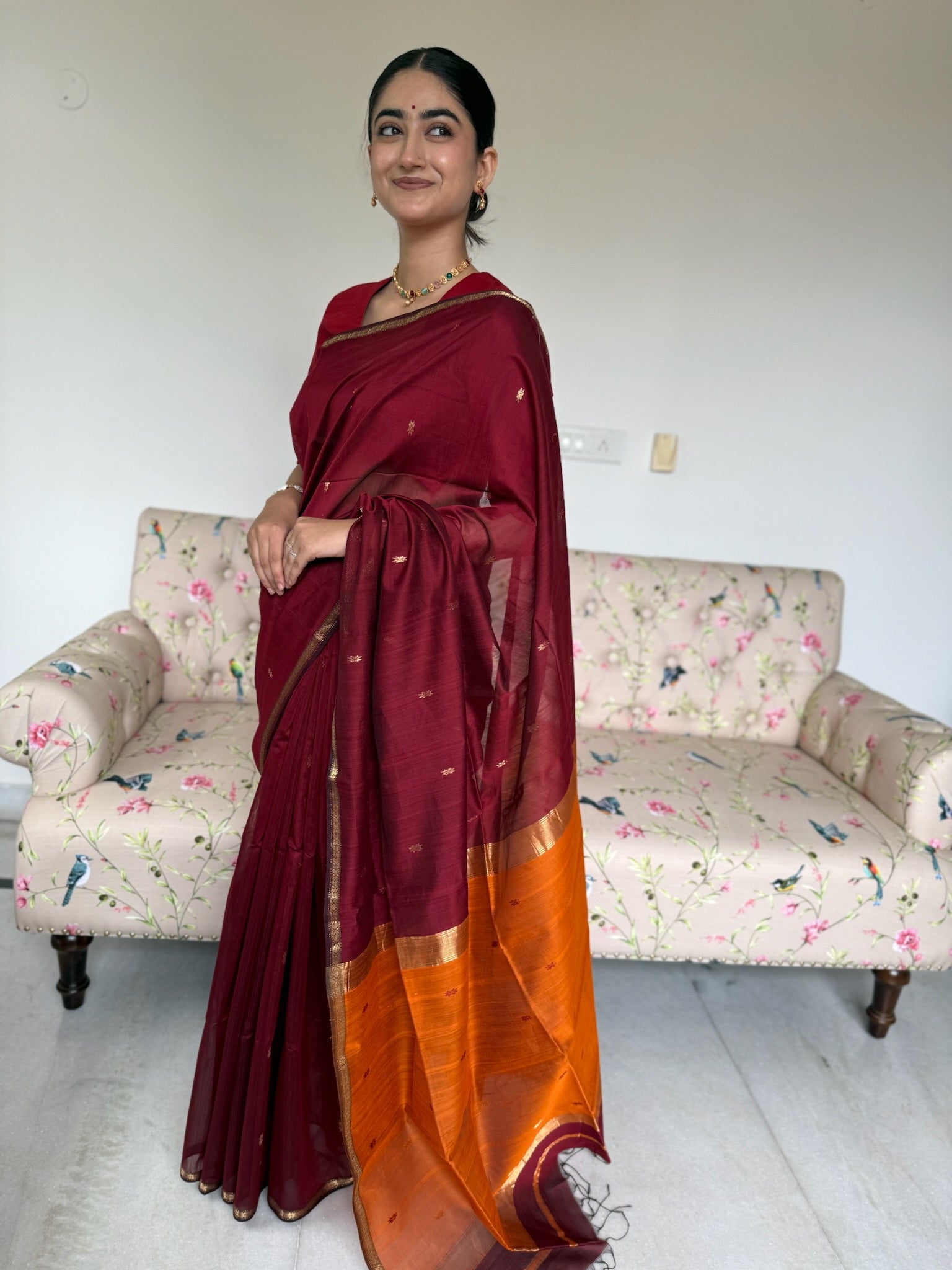 Classic Maroon Orange Star Buti Cotton Silk Maheshwari Saree