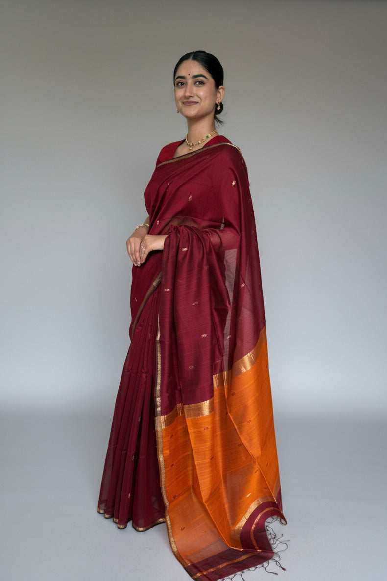 Classic Maroon Orange Star Buti Cotton Silk Maheshwari Saree