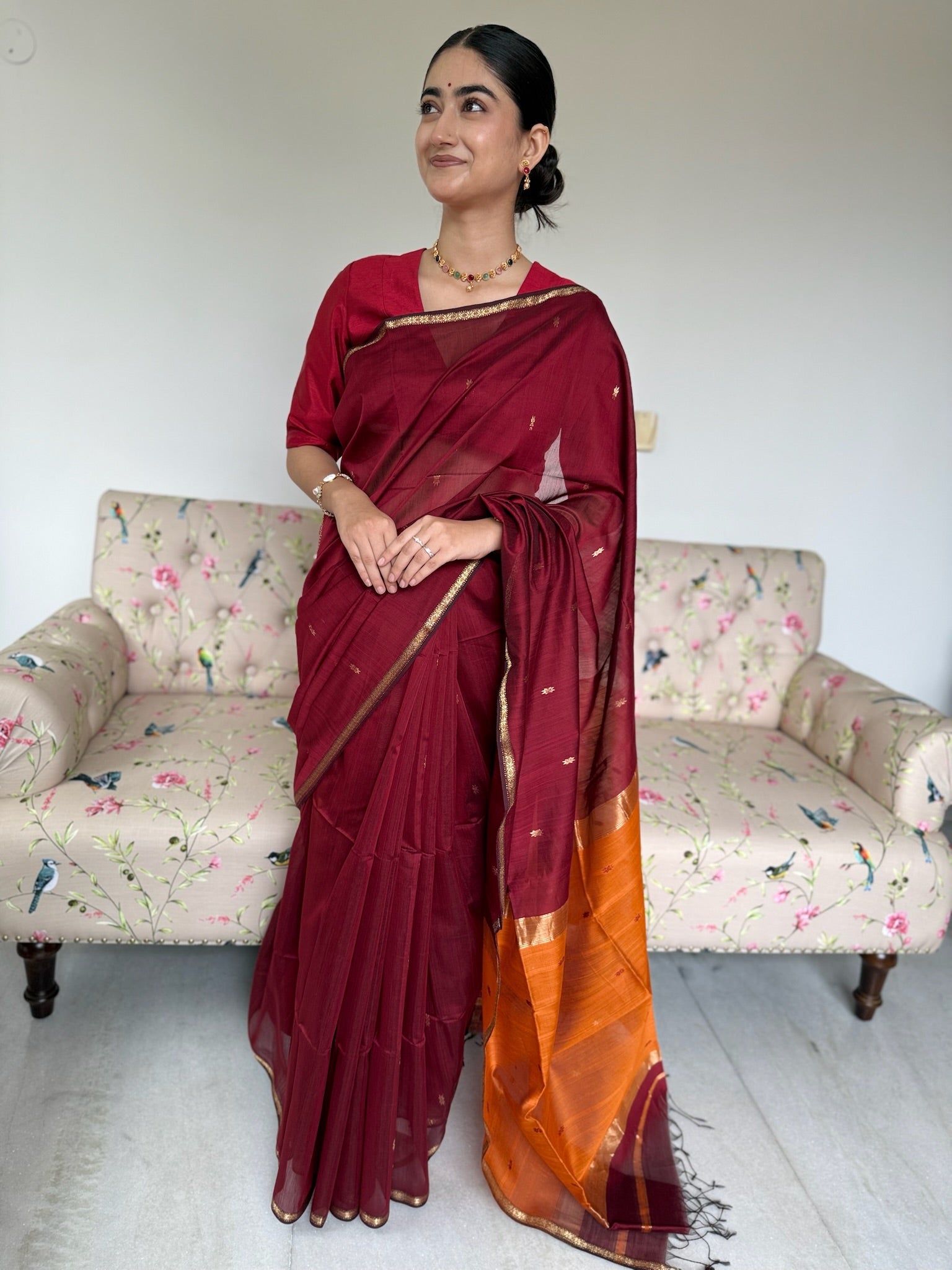 Classic Maroon Orange Star Buti Cotton Silk Maheshwari Saree