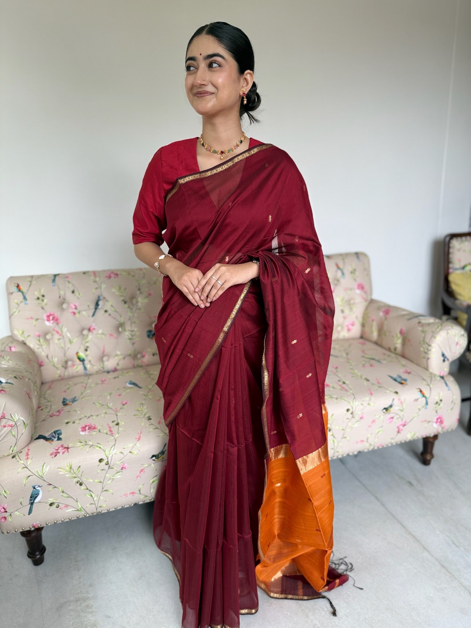 Classic Maroon Orange Star Buti Cotton Silk Maheshwari Saree