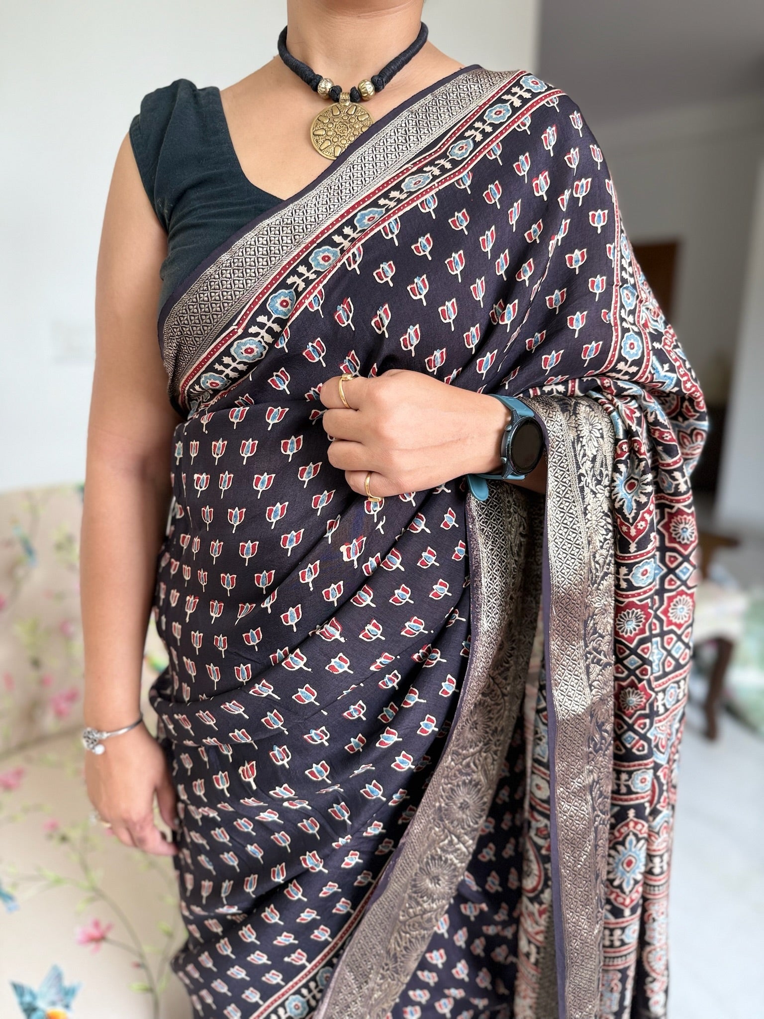 Black Zari Charm Hand Block Ajrakh Dola Silk Saree