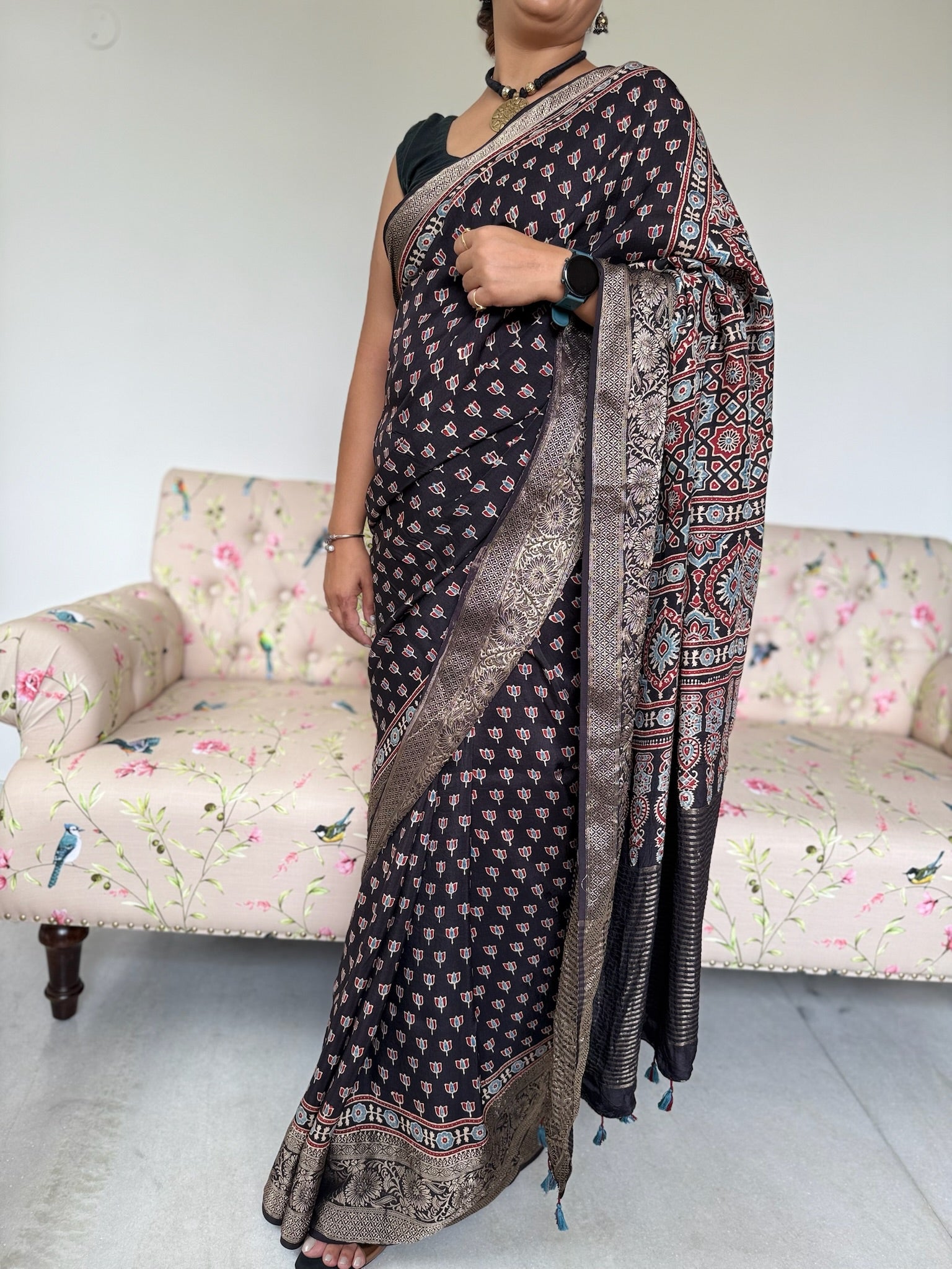 Black Zari Charm Hand Block Ajrakh Dola Silk Saree