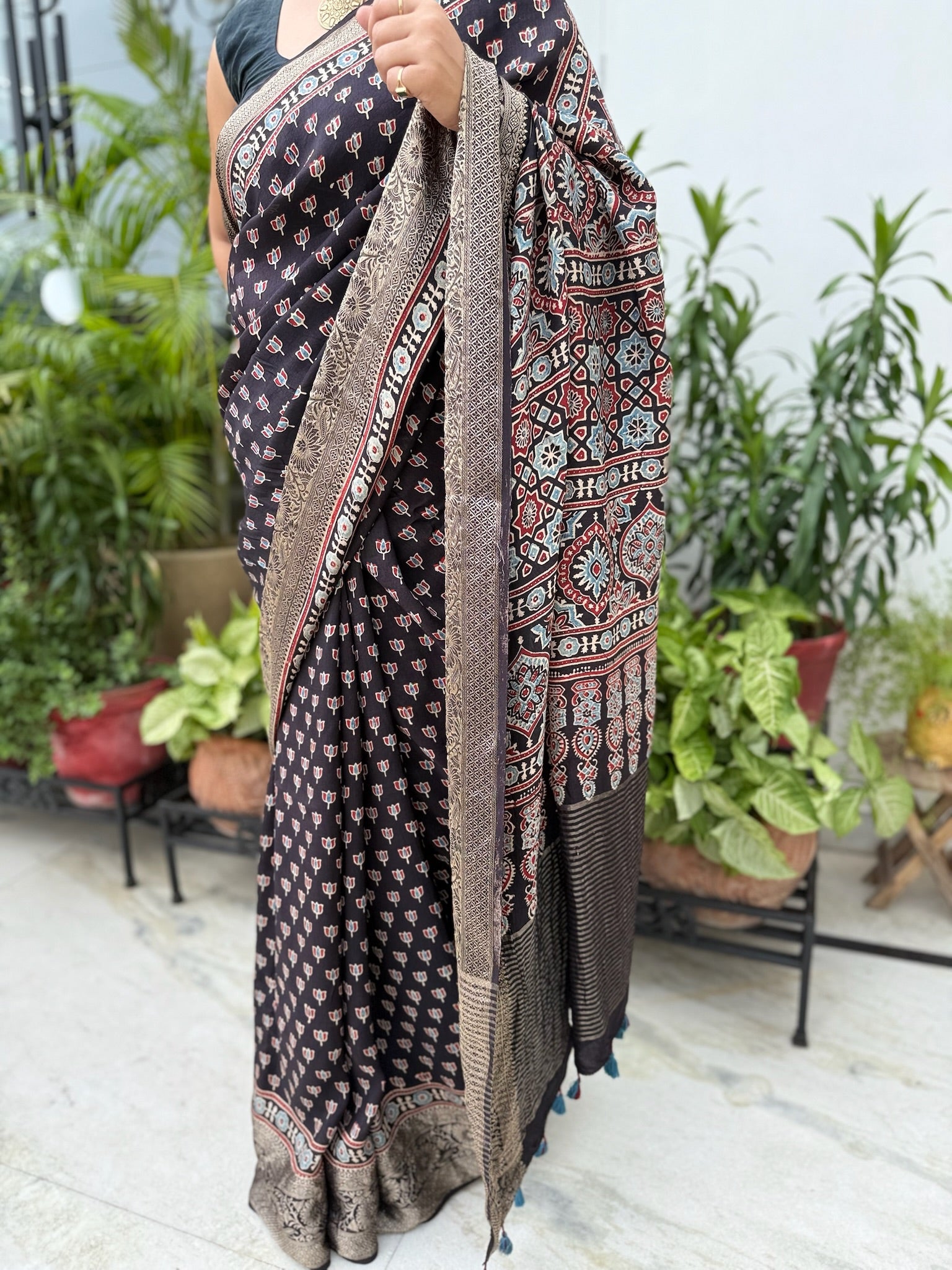 Black Zari Charm Hand Block Ajrakh Dola Silk Saree