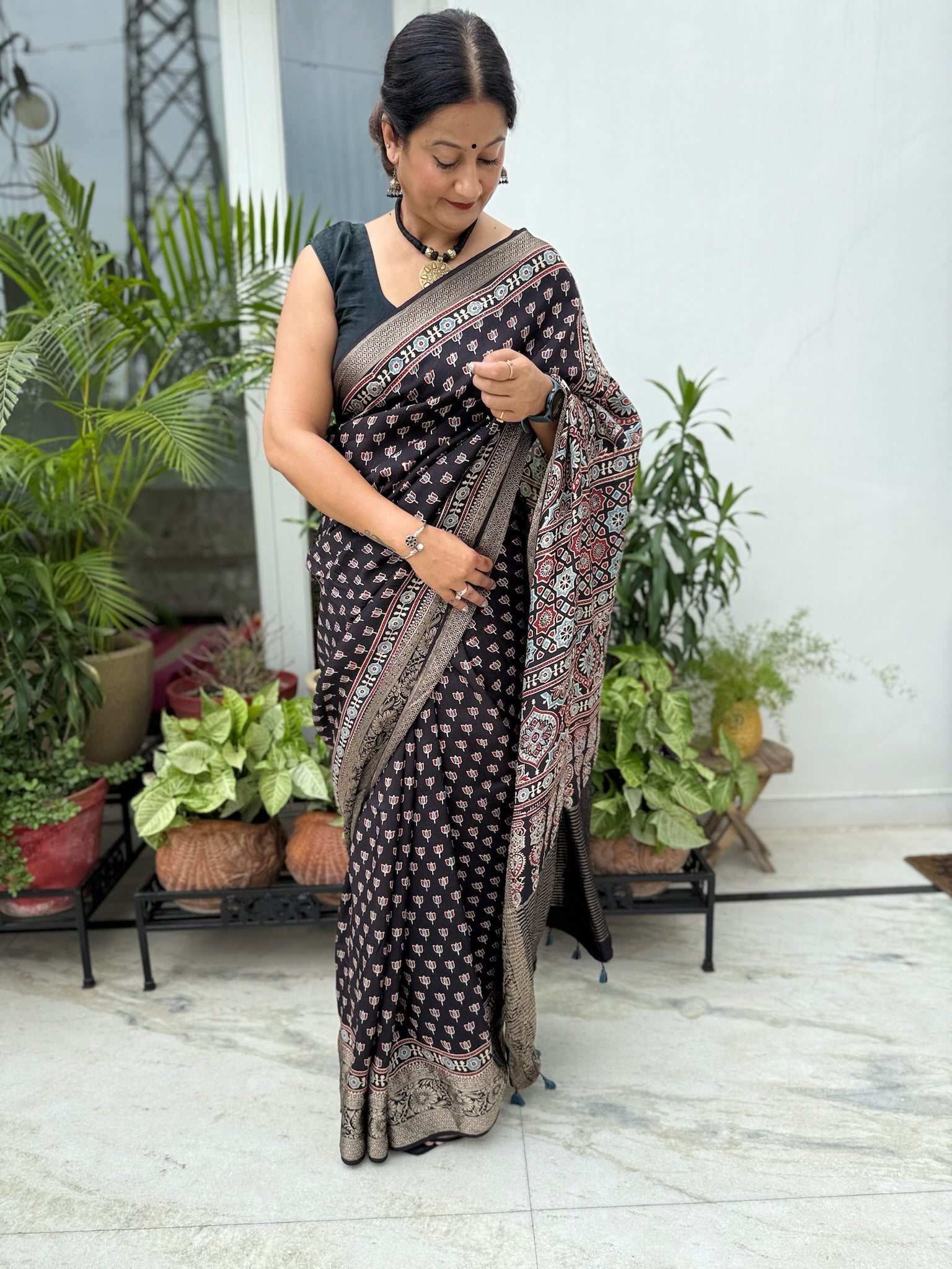 Black Zari Charm Hand Block Ajrakh Dola Silk Saree
