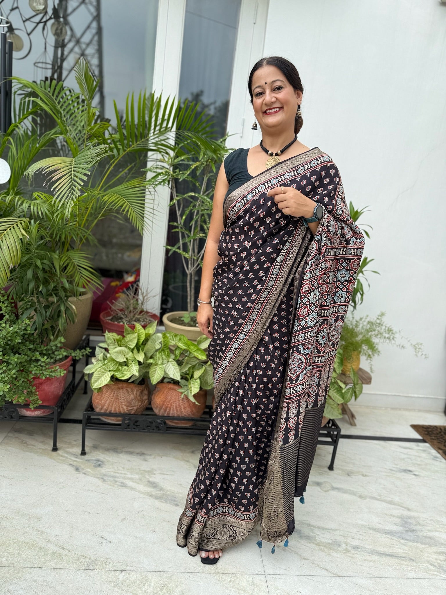 Black Zari Charm Hand Block Ajrakh Dola Silk Saree