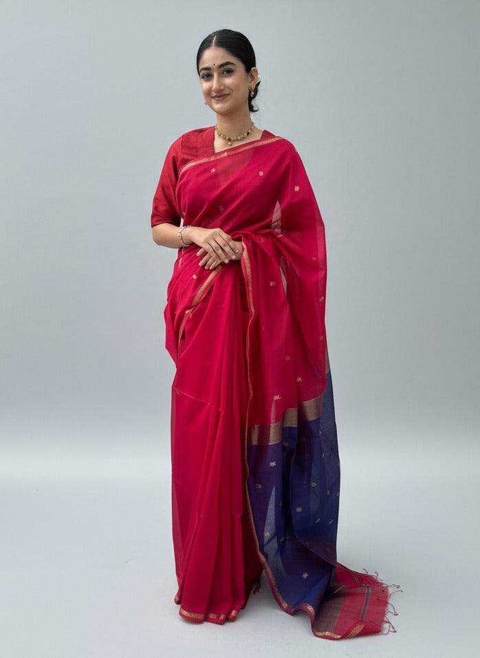 Rani Pink With Golden Zari Border Handwoven Cotton Silk Maheshwari Saree