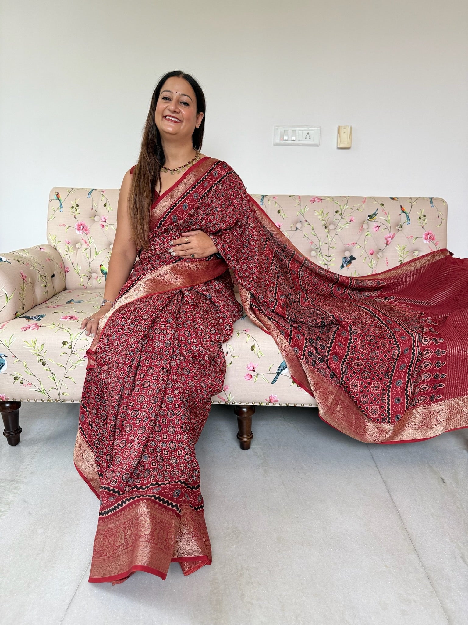 Rust Red Hand Block Ajrakh Dola Silk Saree