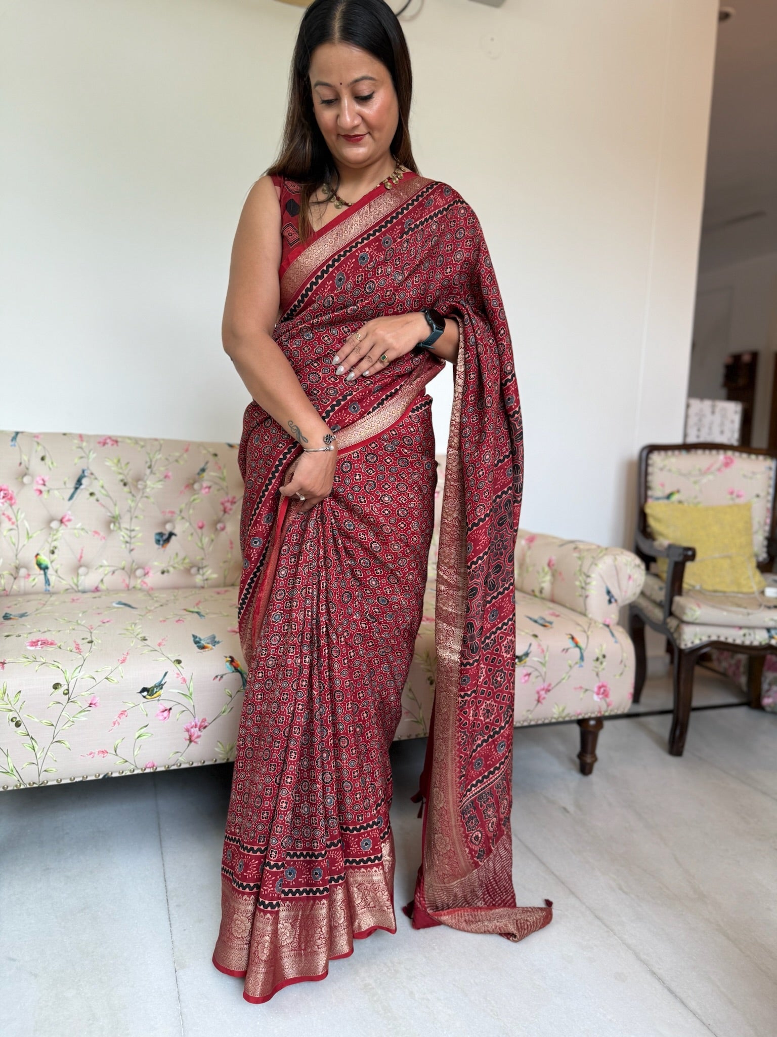 Rust Red Hand Block Ajrakh Dola Silk Saree