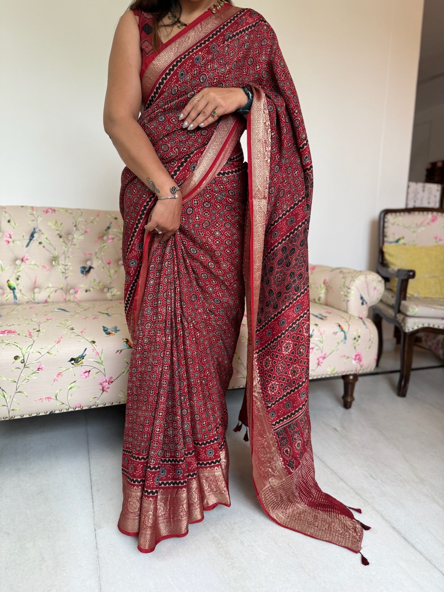 Rust Red Hand Block Ajrakh Dola Silk Saree