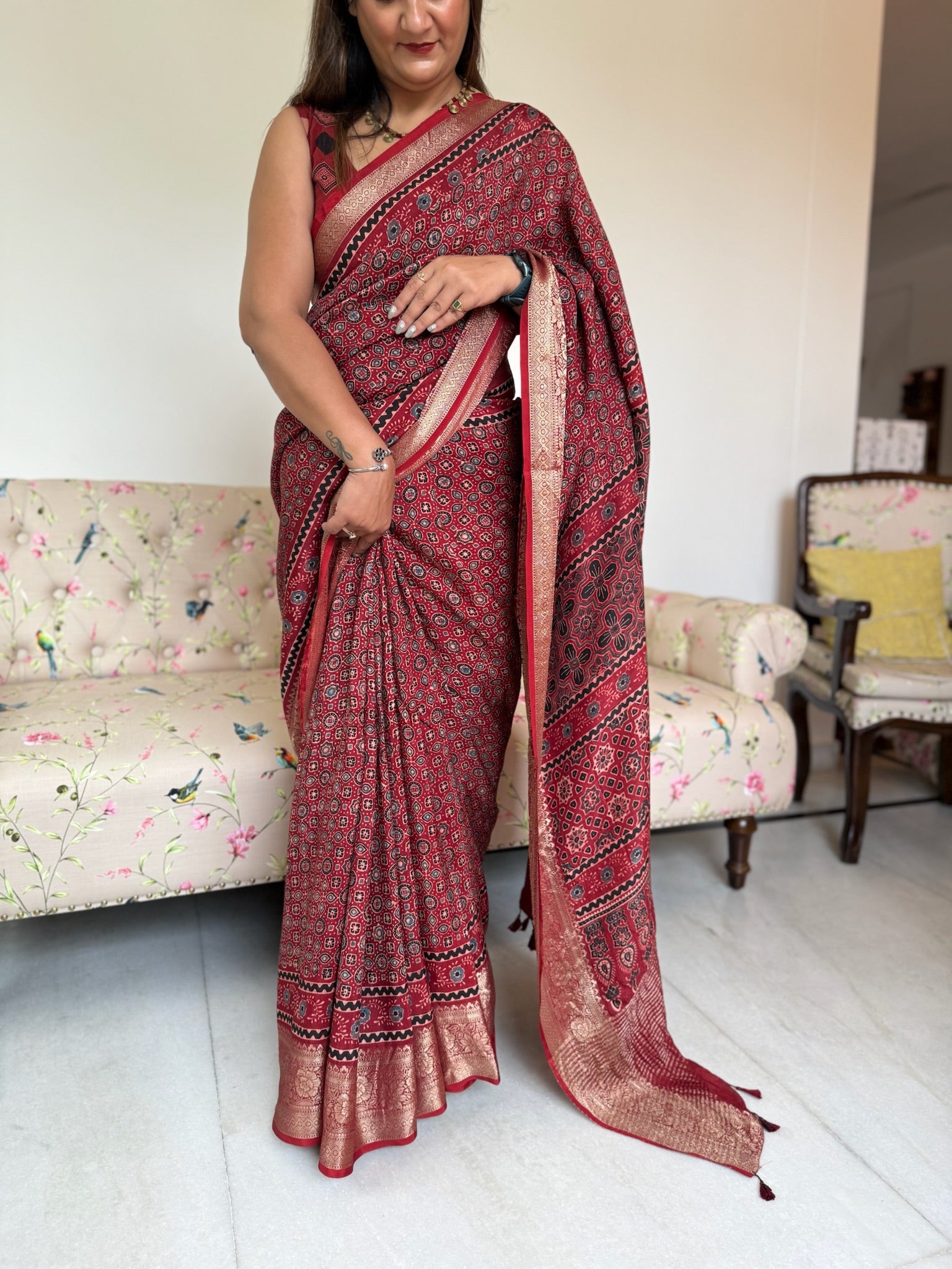 Rust Red Hand Block Ajrakh Dola Silk Saree