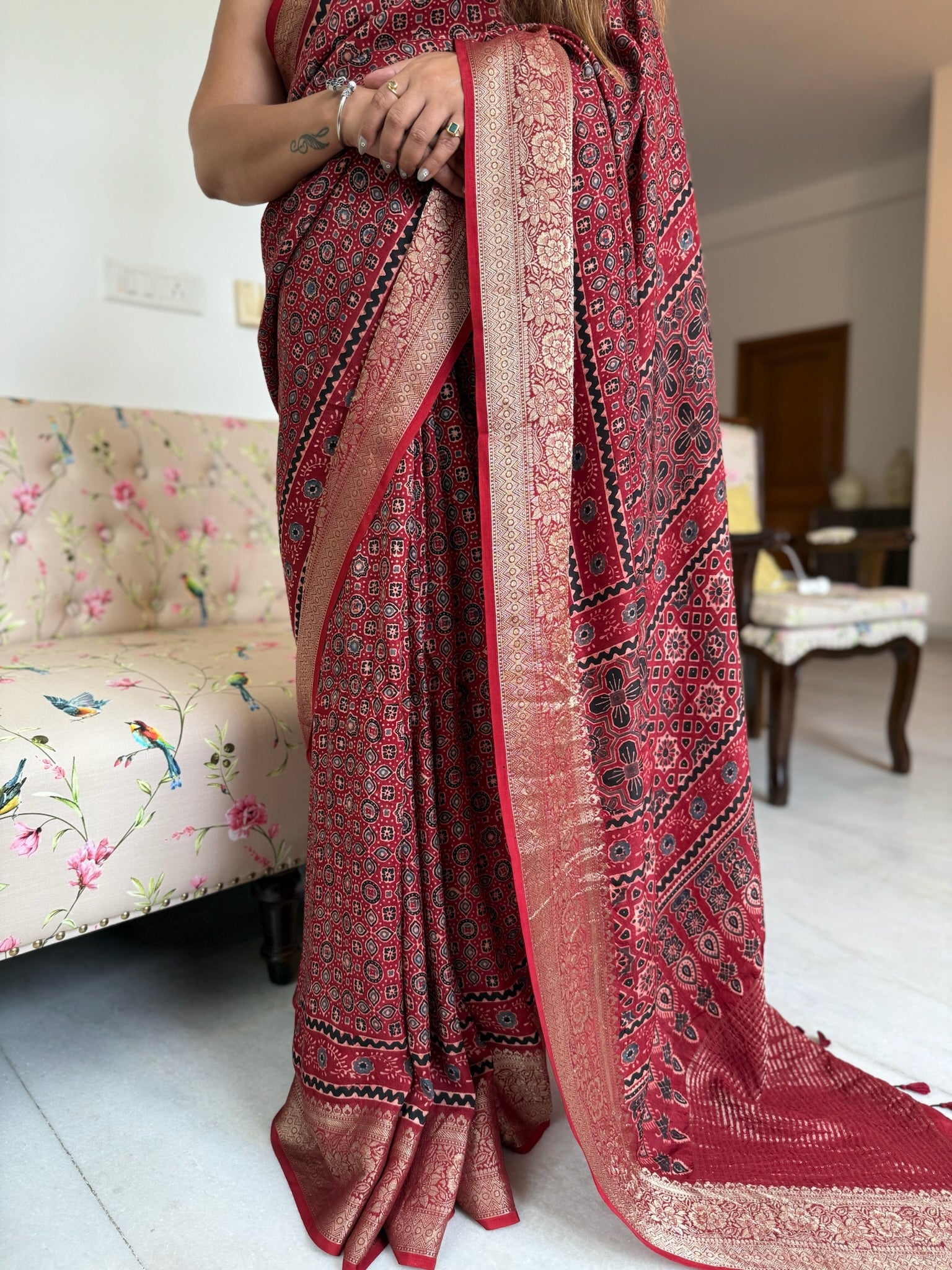 Rust Red Hand Block Ajrakh Dola Silk Saree