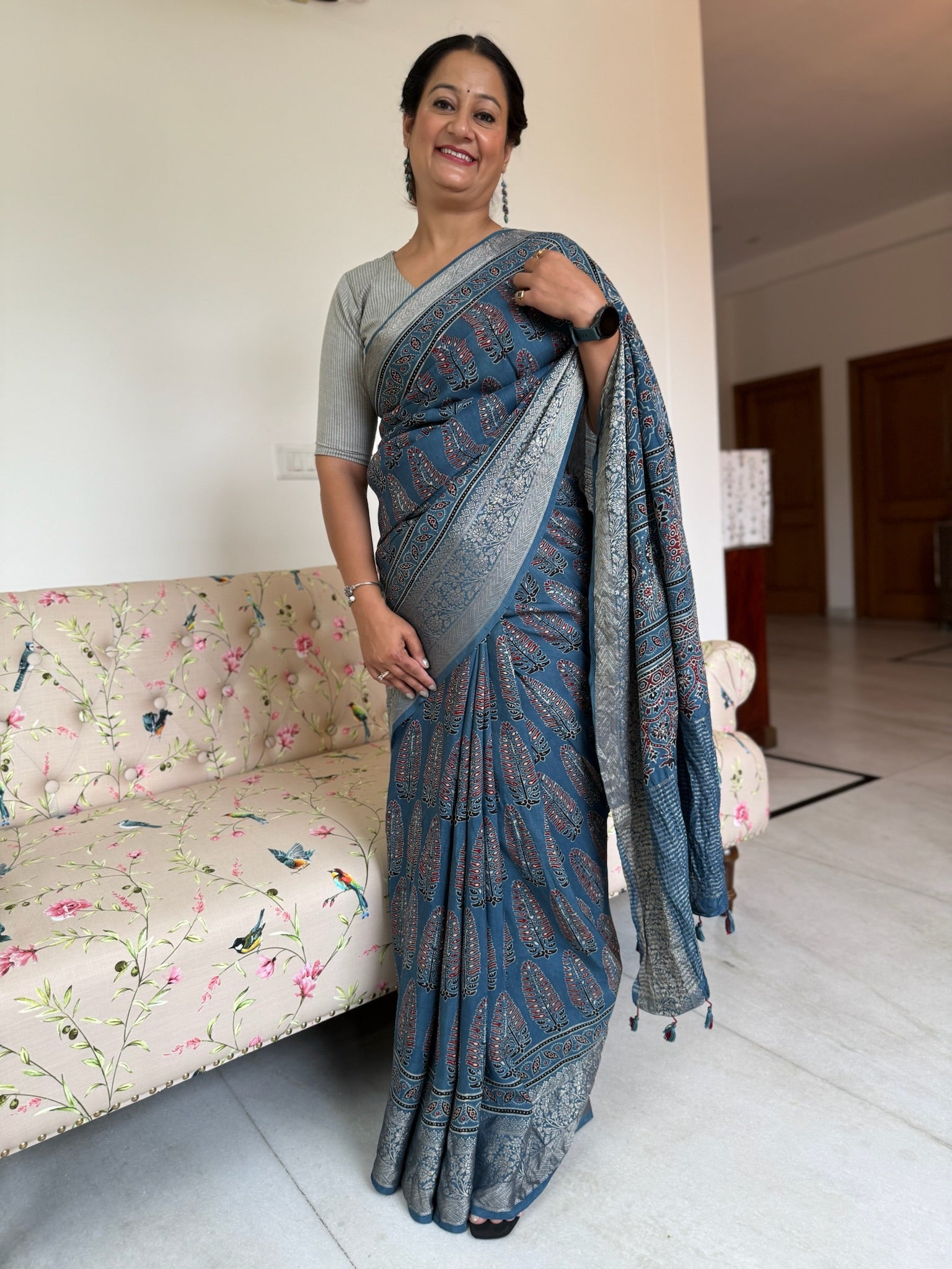 Classic Indigo Blue Hand Block Ajrakh Dola Silk Saree