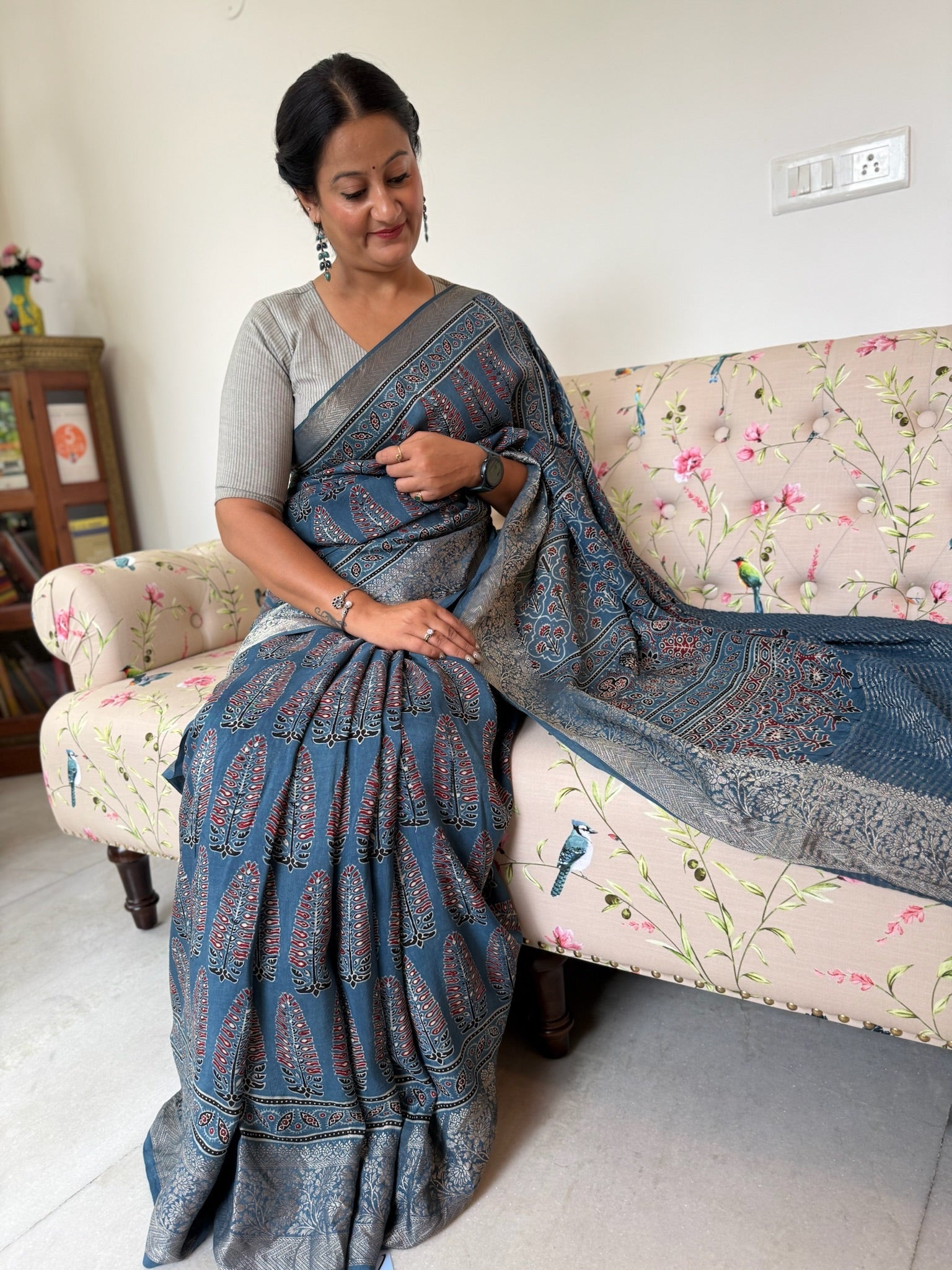 Classic Indigo Blue Hand Block Ajrakh Dola Silk Saree