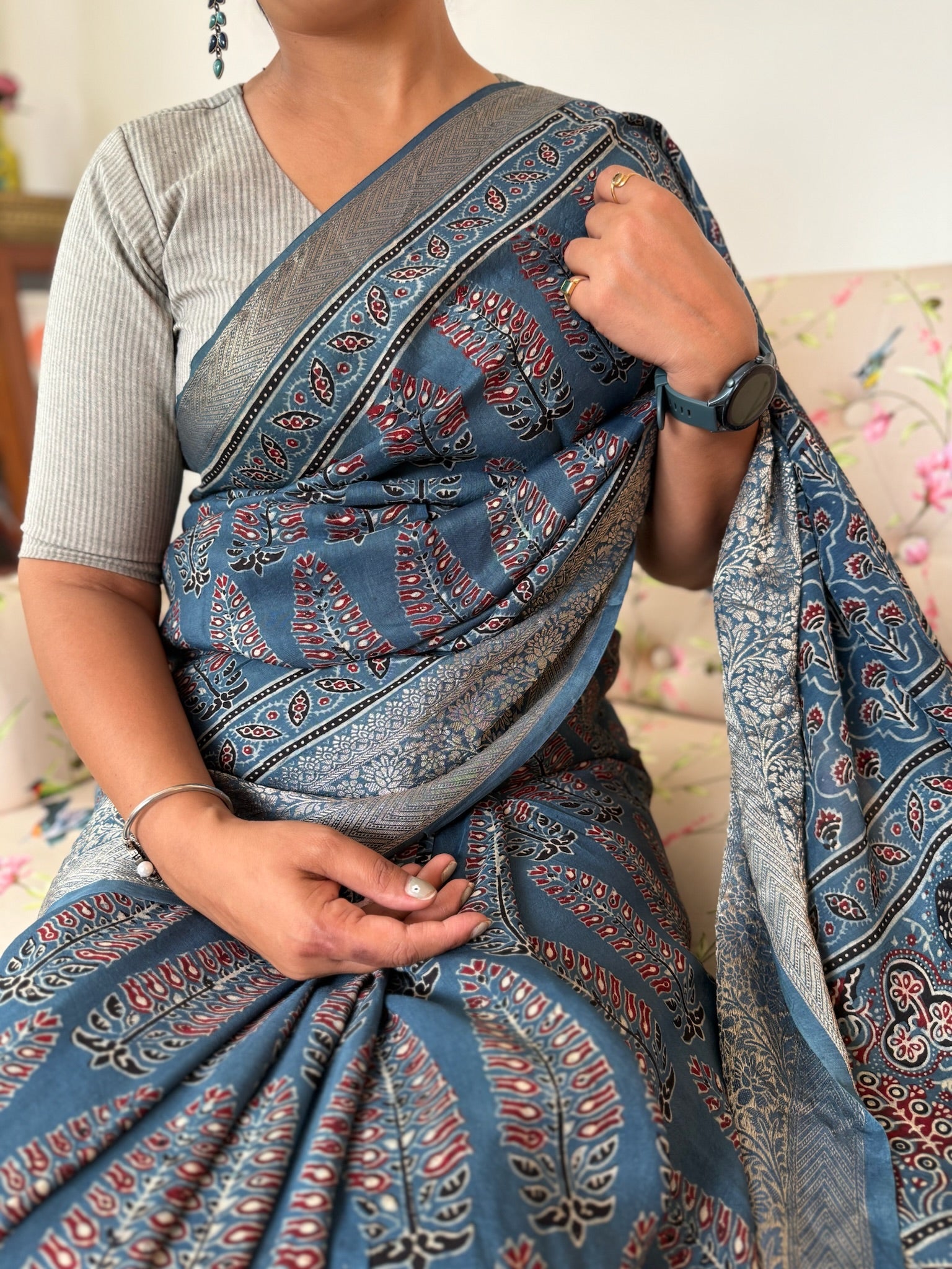 Classic Indigo Blue Hand Block Ajrakh Dola Silk Saree