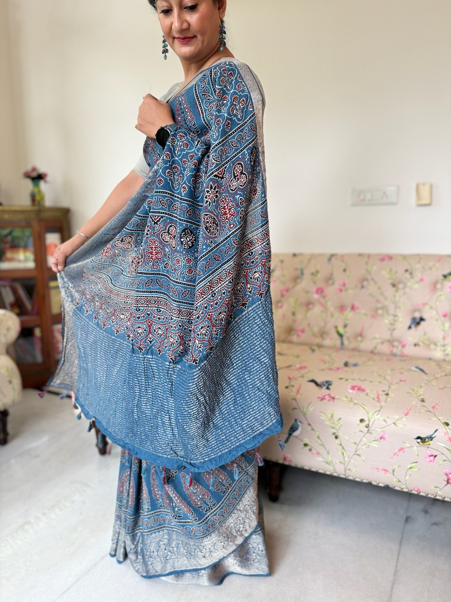 Classic Indigo Blue Hand Block Ajrakh Dola Silk Saree