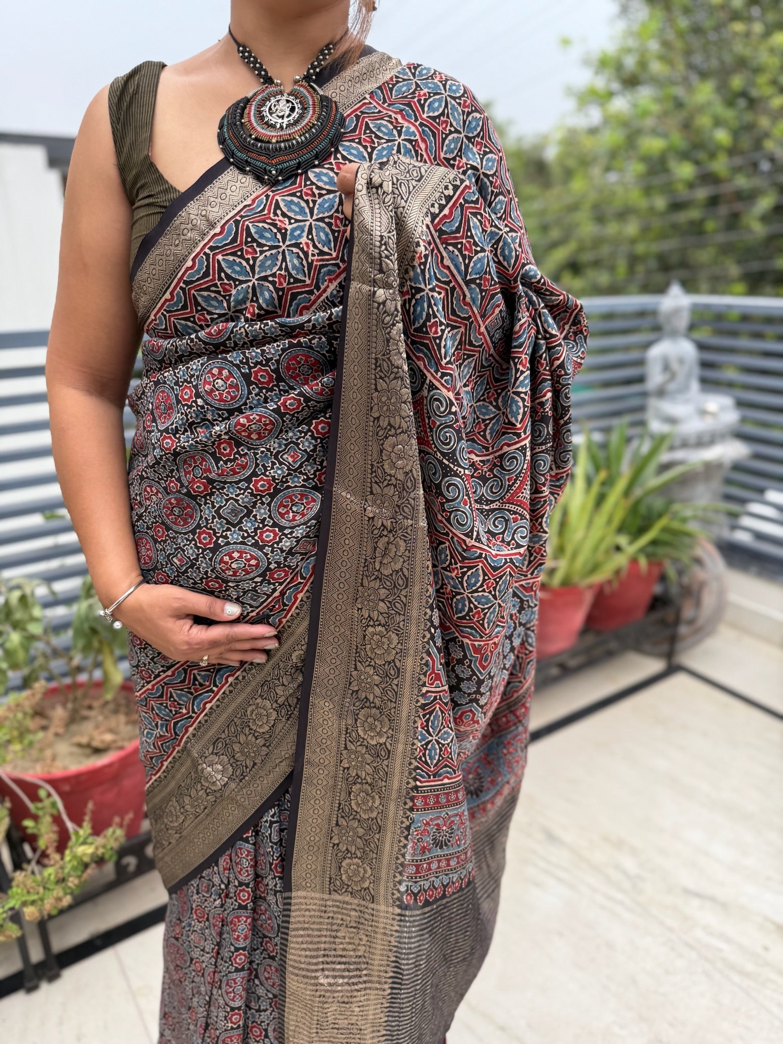 Black Indigo Hand Block Ajrakh Dola Silk Saree