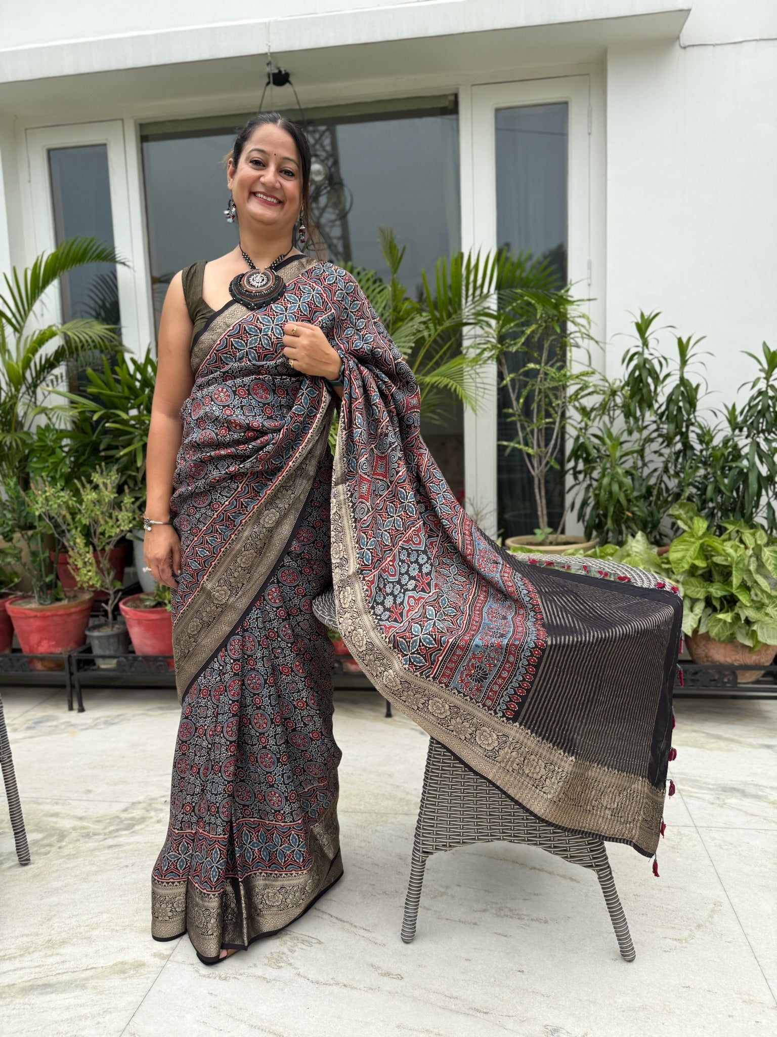 Black Indigo Hand Block Ajrakh Dola Silk Saree